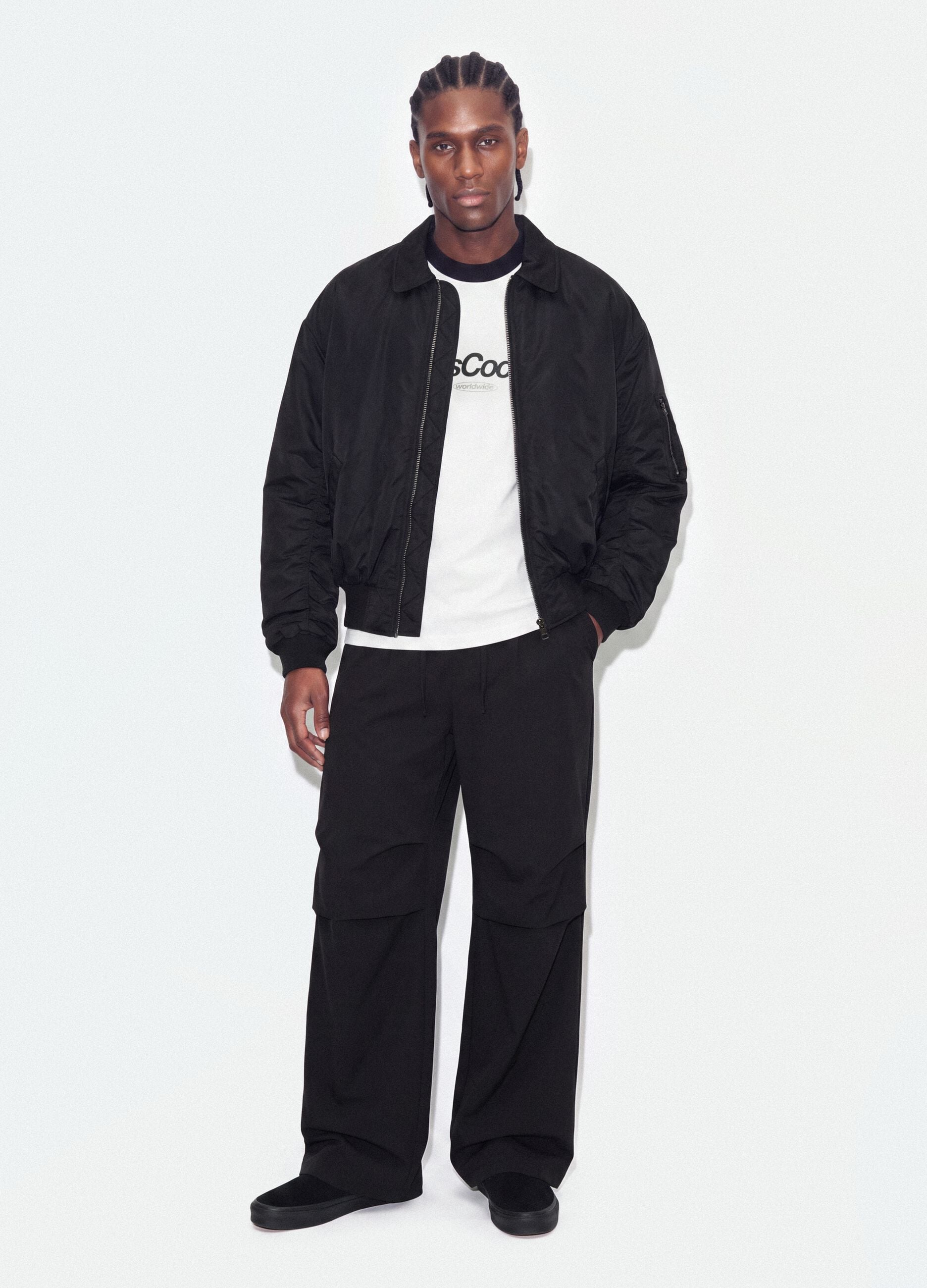Black cropped padded jacket with zip and shirt collar