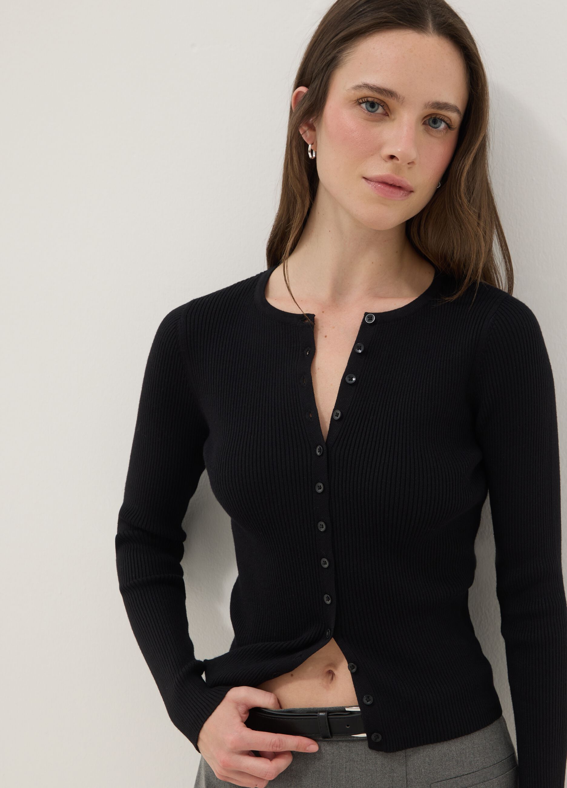 Black viscose blend cardigan with fitted silhouette
