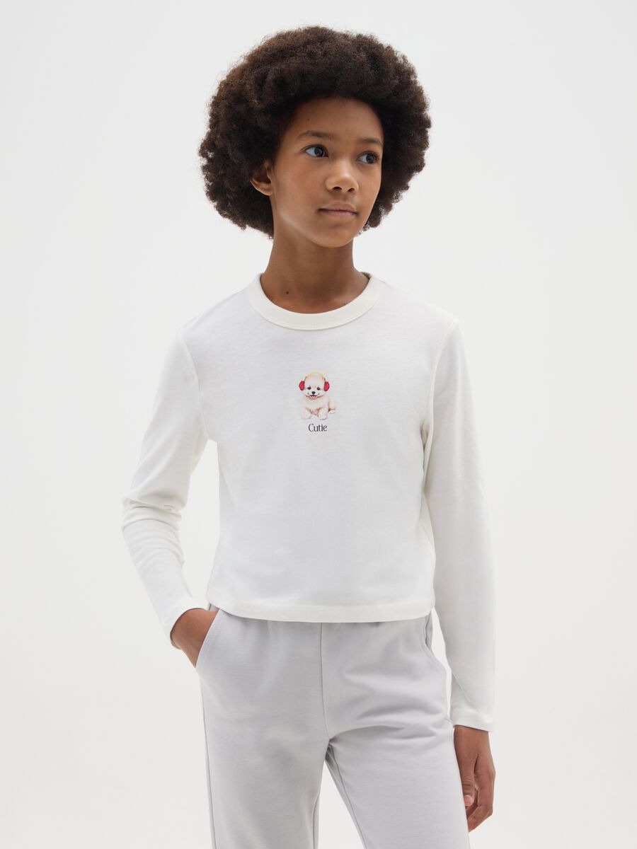 T-shirt bianca da ragazza in puro cotone regular fit con stampa_0