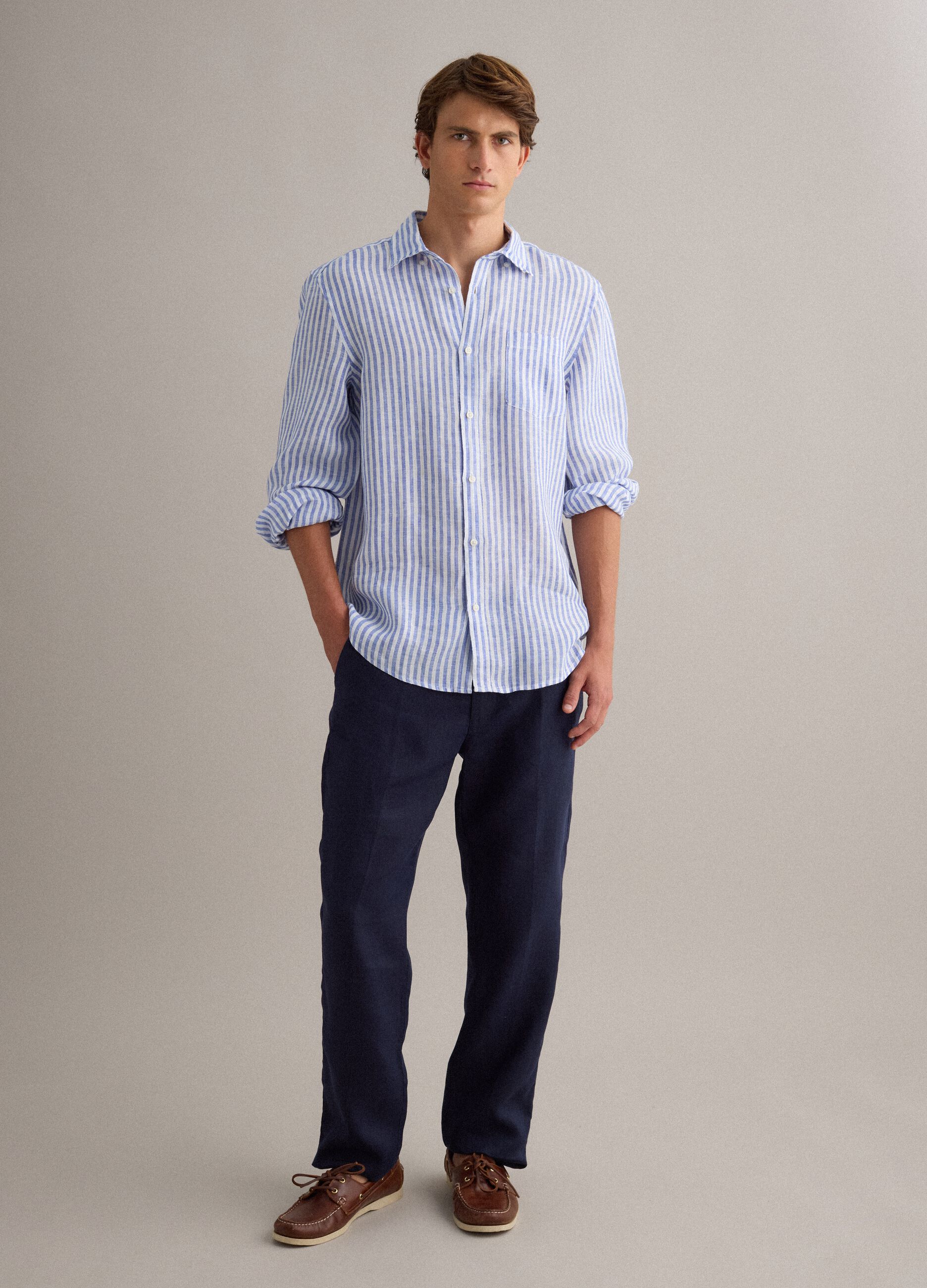 Blue striped pure linen shirt &ndash; regular fit