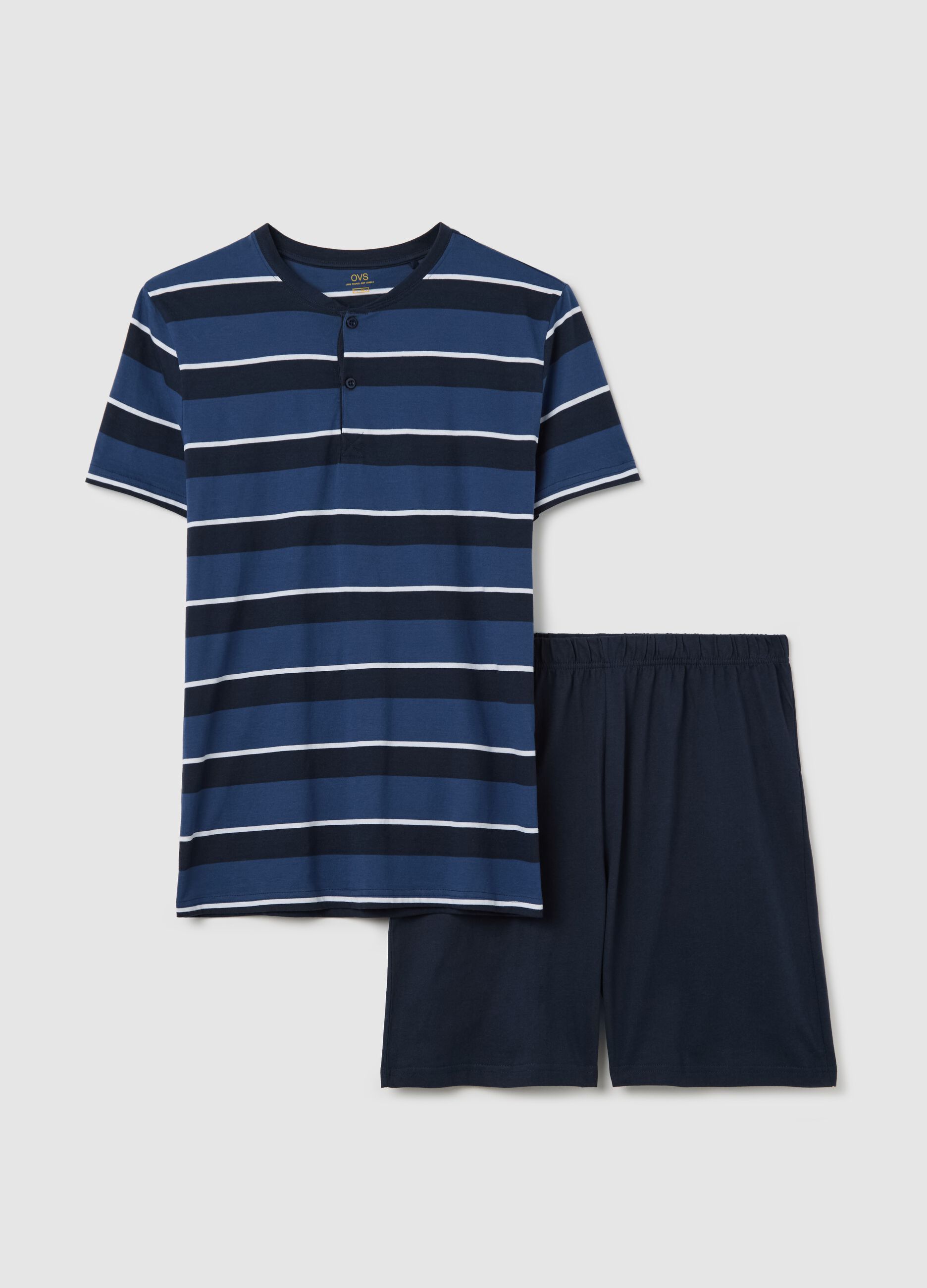 Short blue pyjamas in cotton with striped pattern