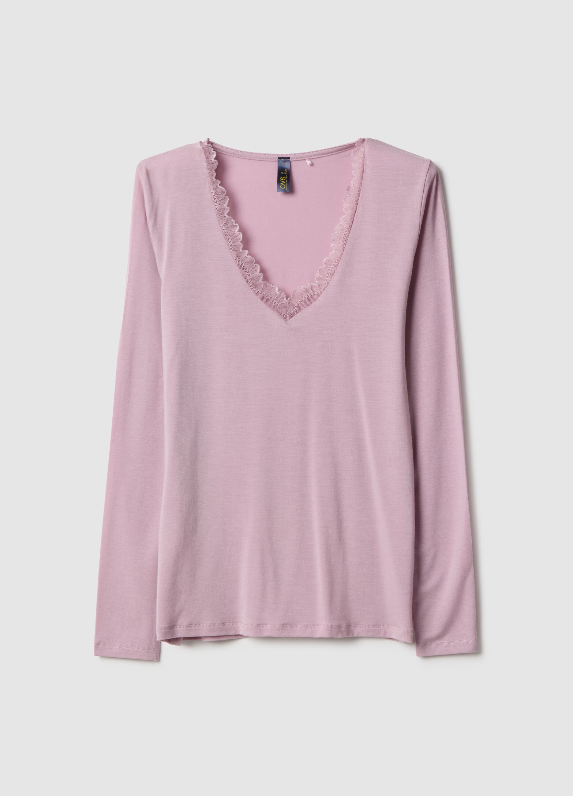 Pink long sleeve regular fit top with lace trims