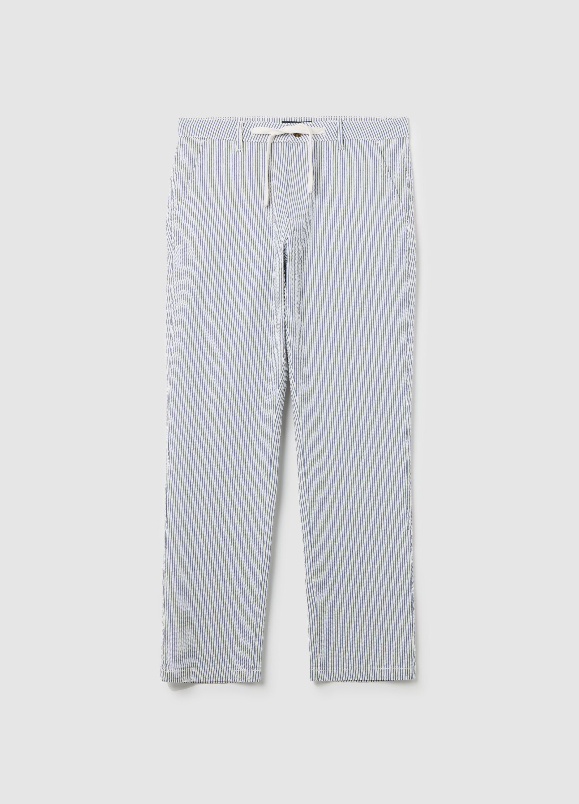 Seersucker chino trousers with white and blue stripes