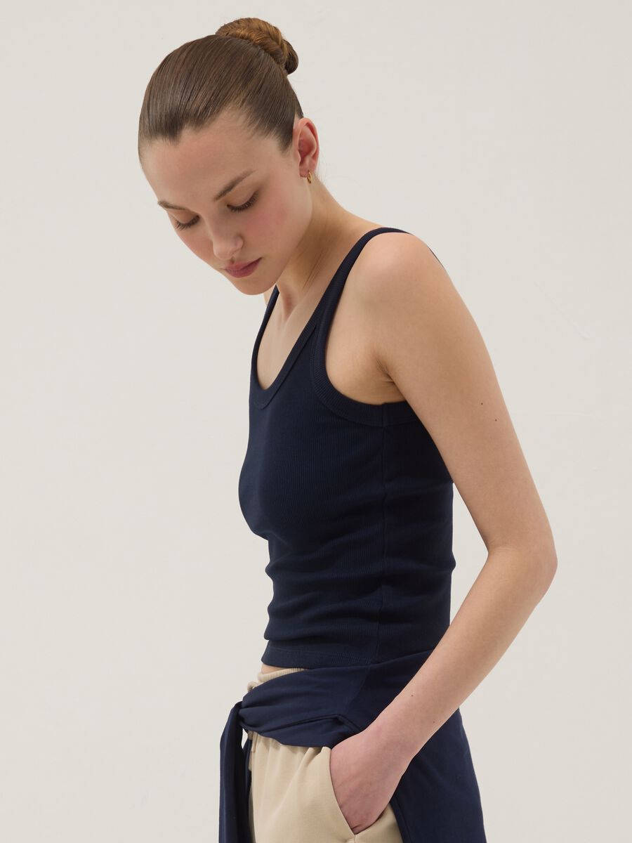 Blue fitted stretch-cotton vest top_0