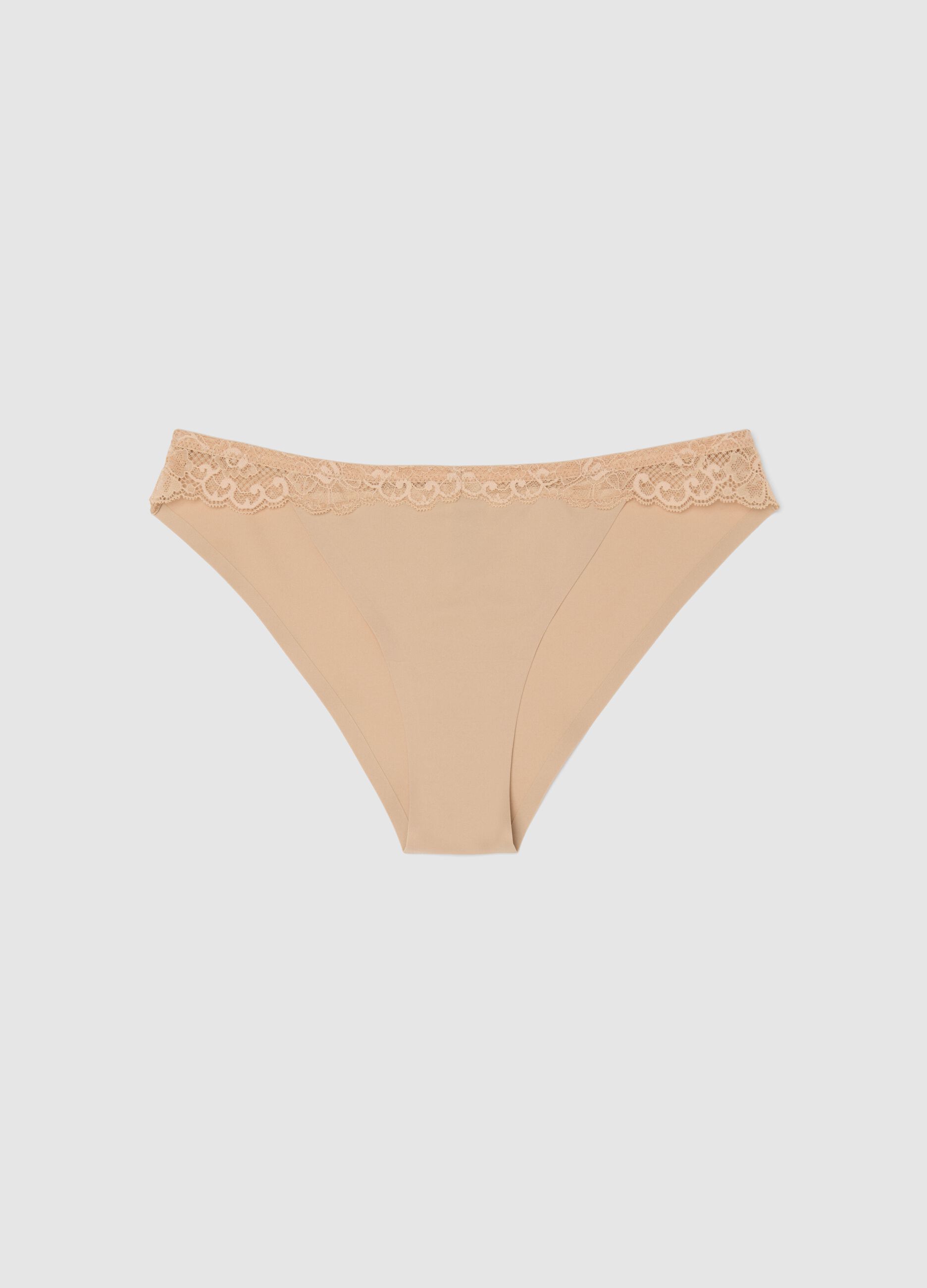 Beige microfibre regular fit briefs with lace details
