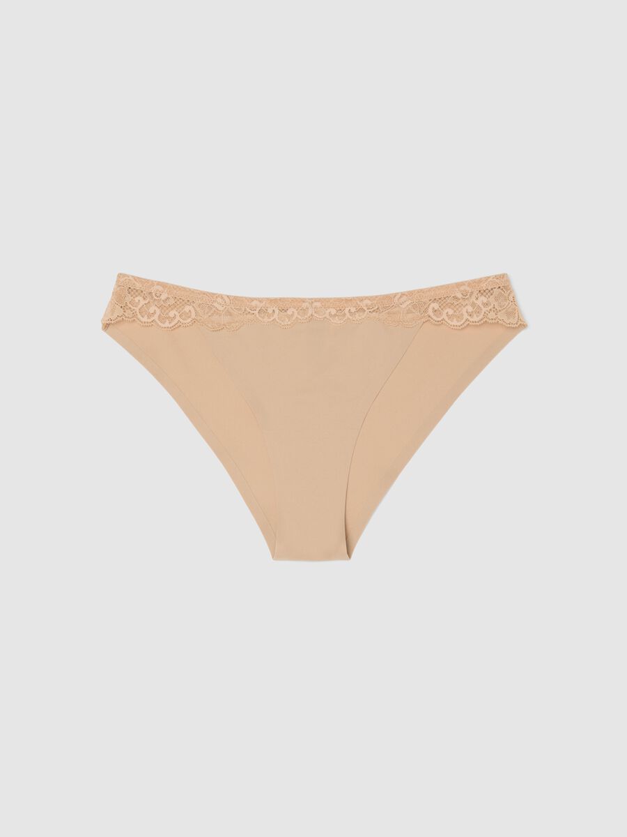 Beige microfibre regular fit briefs with lace details_4