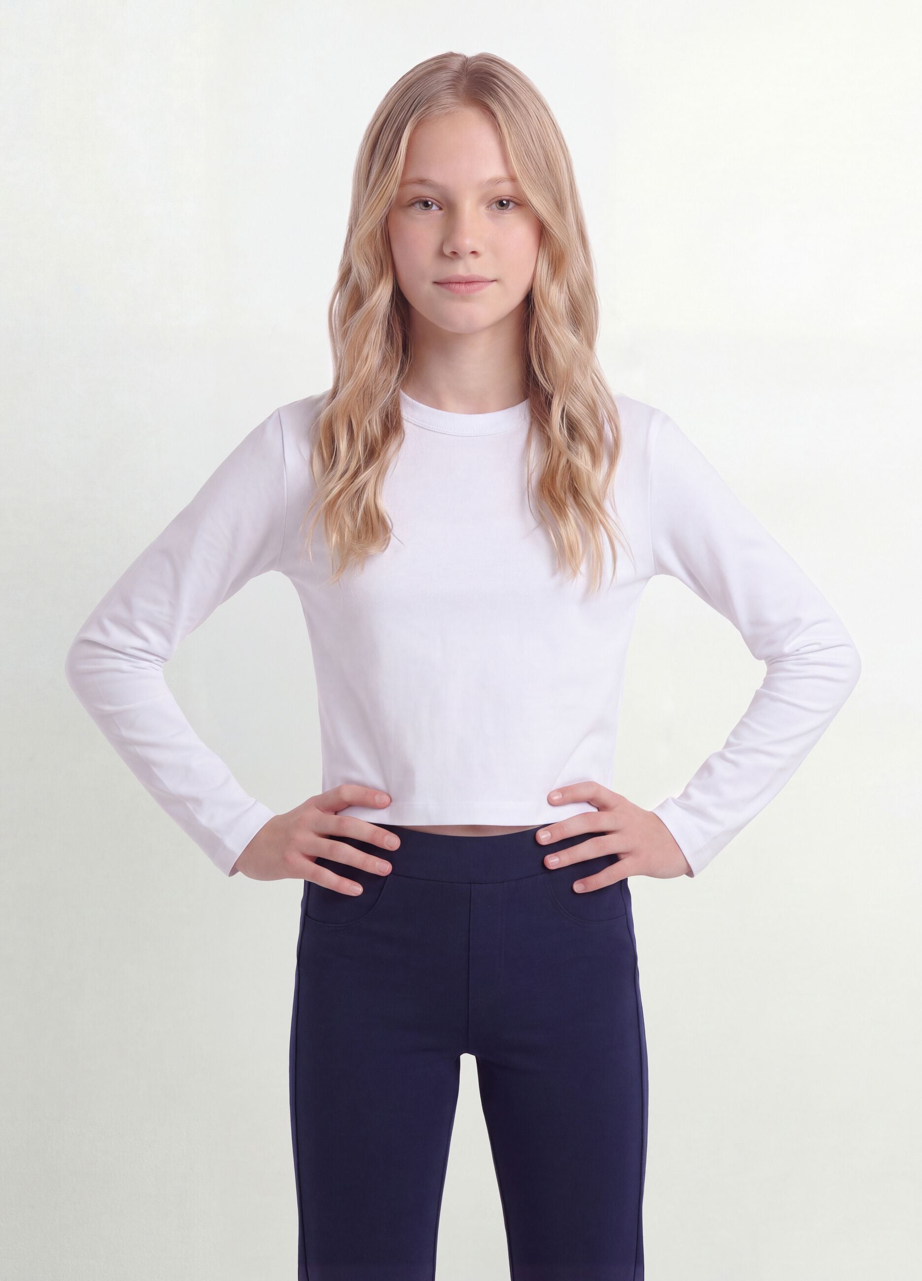 Girls&rsquo; pure cotton white T-shirt with ribbed crew neck