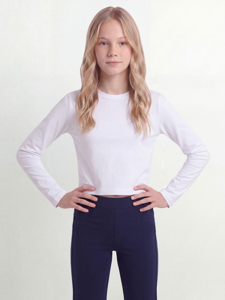 T-shirt bianca in puro cotone con collo a costine per ragazza_1