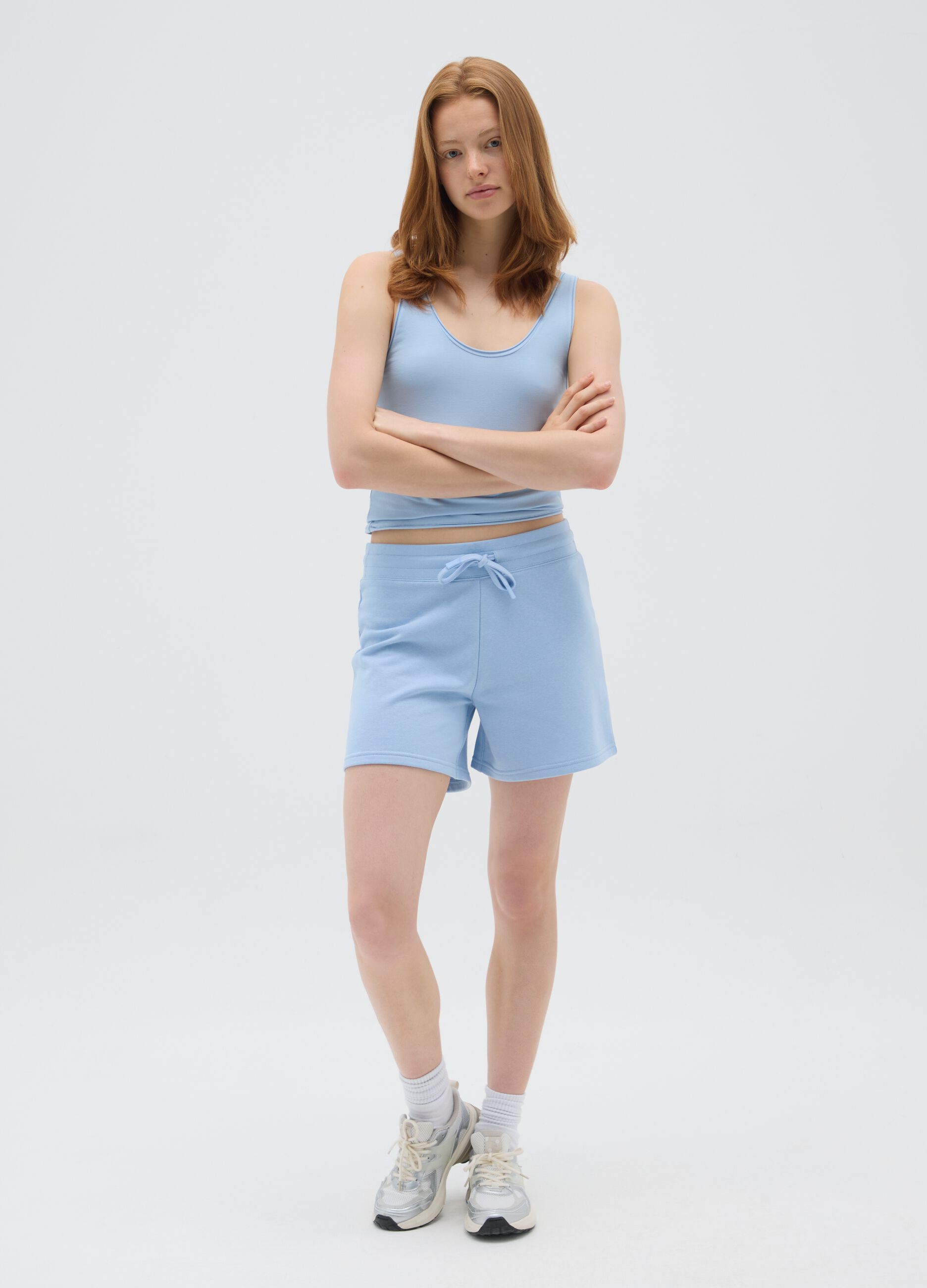 Women's blue cotton blend shorts, regular fit