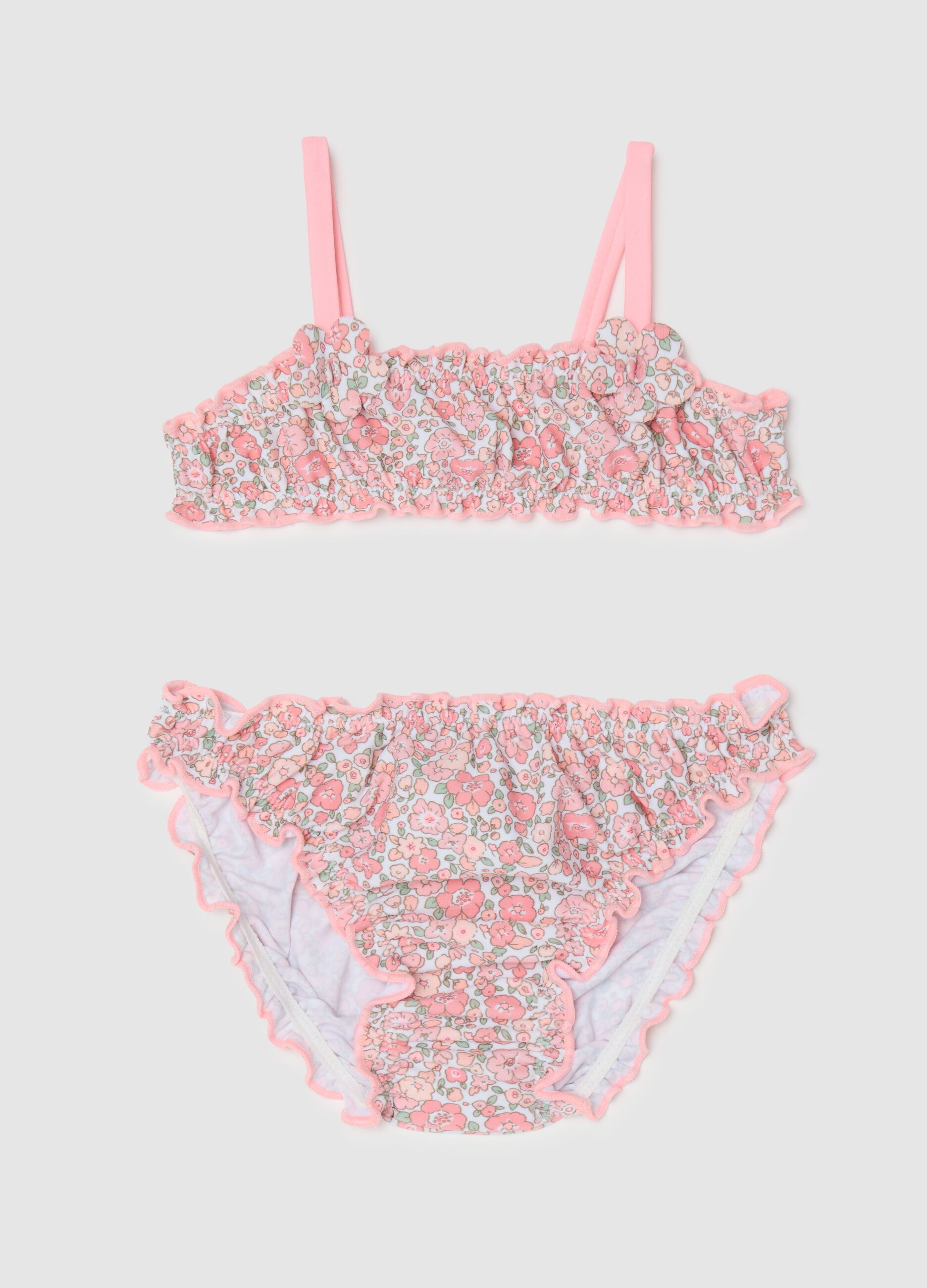 Costume bikini da bambina in misto elasticizzato multicolor con profili arricciati