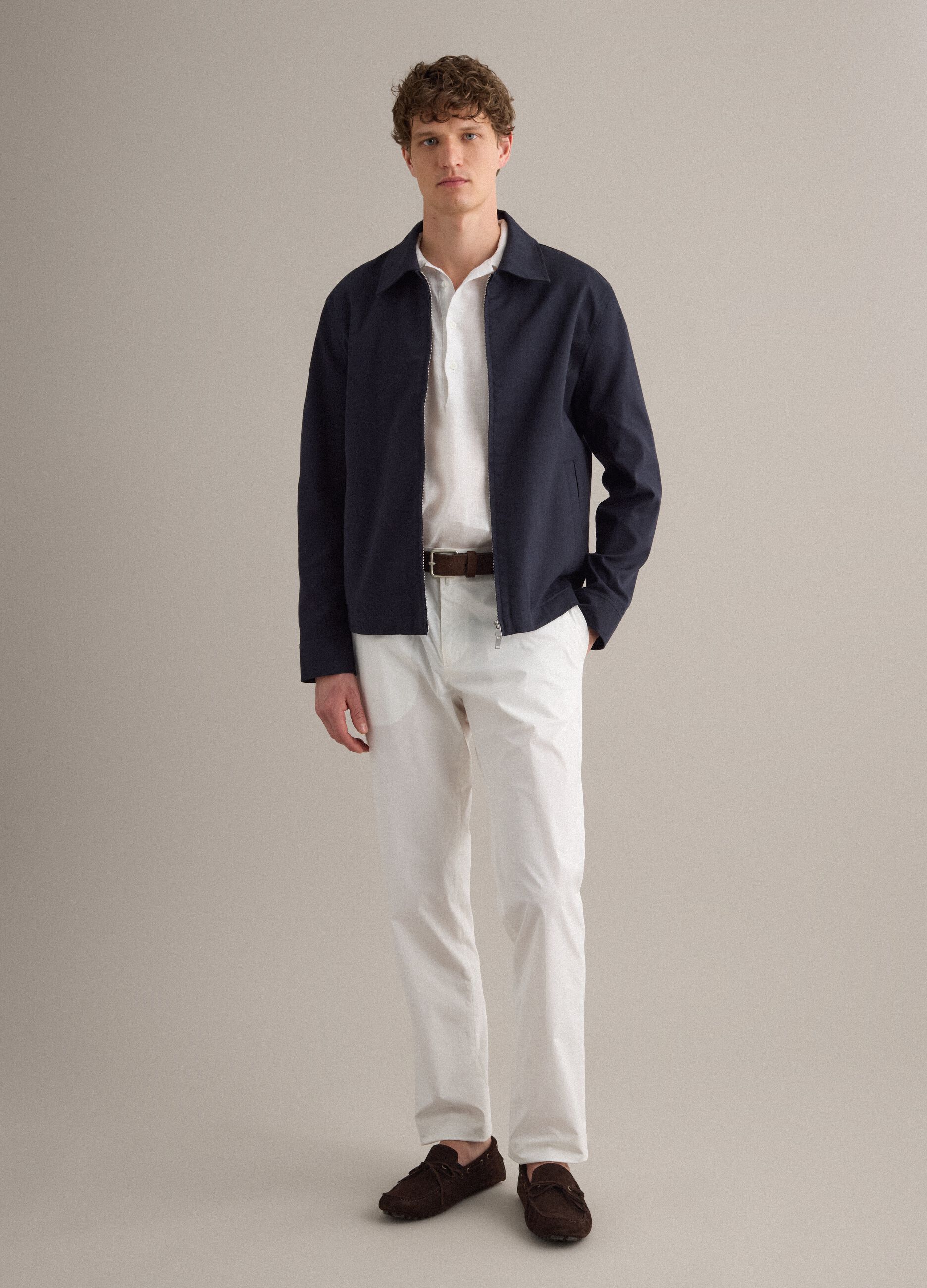 Blue regular fit cotton-linen blend jacket with zip
