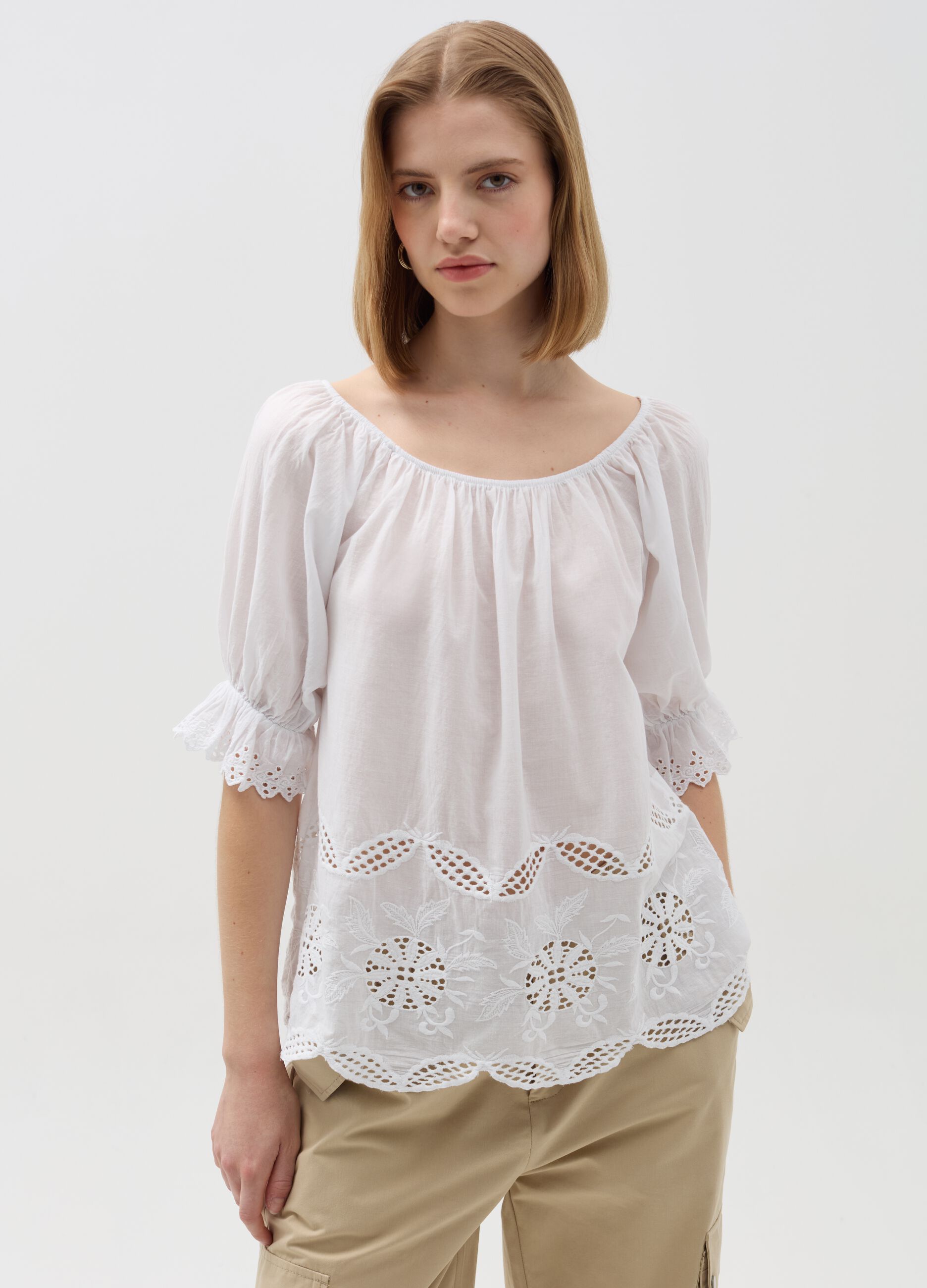 Blouse with embroidery and openwork details