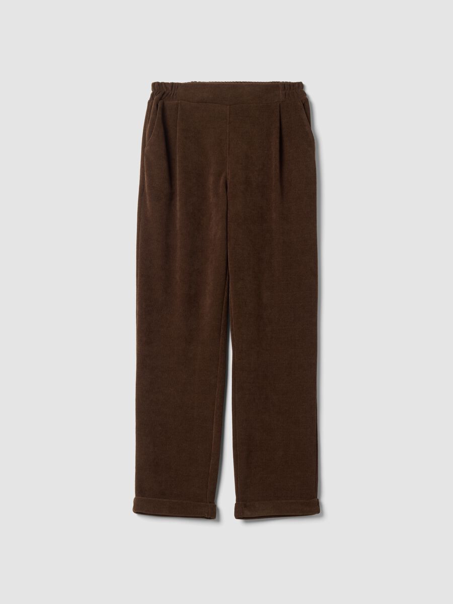 Dark brown ribbed stretch-fabric regular-fit trousers_4