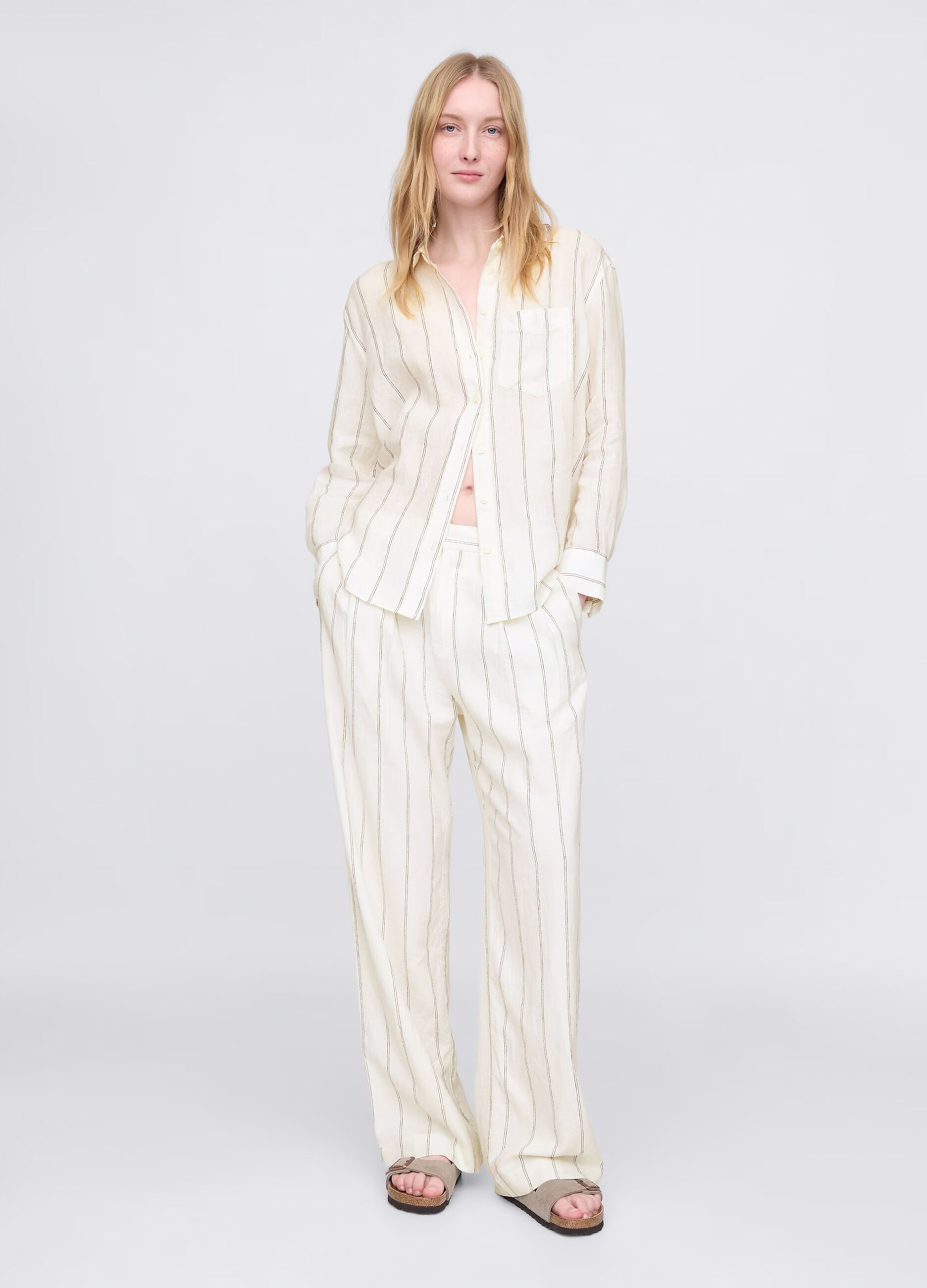 Wide white striped shirt in 100% linen