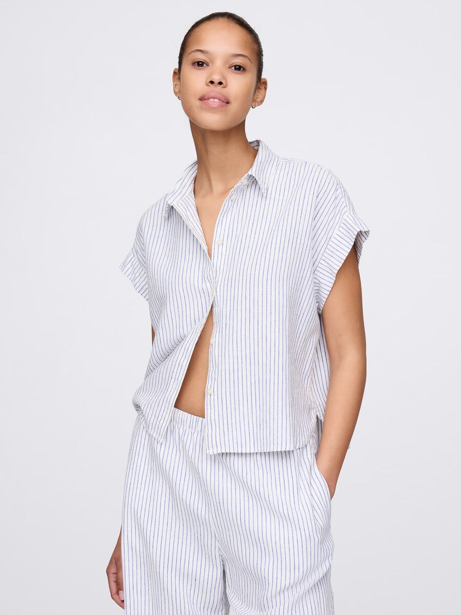 Camicia a righe bianche e azzurre in lino e viscosa_0