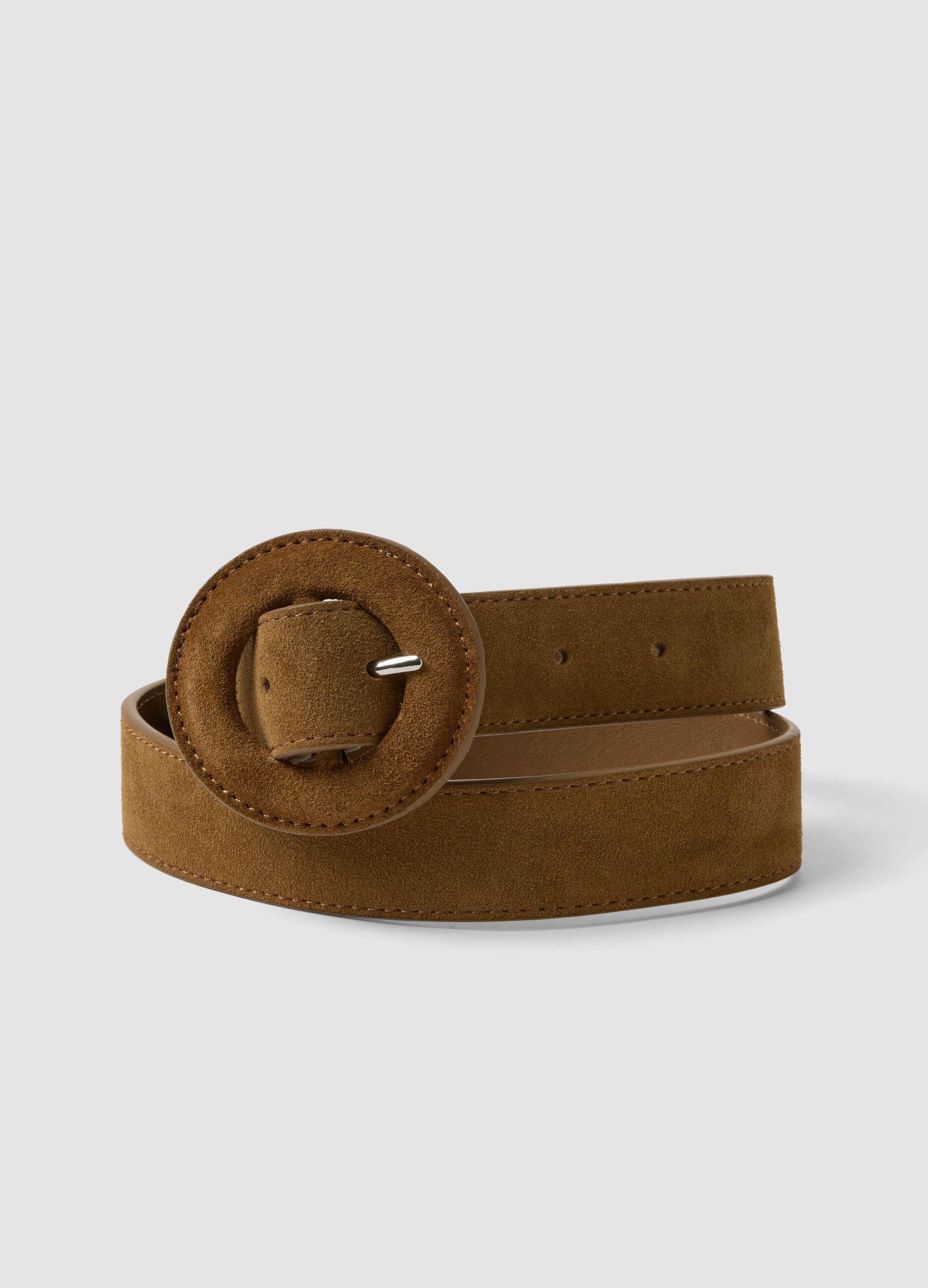 Brown genuine leather belt with round buckle