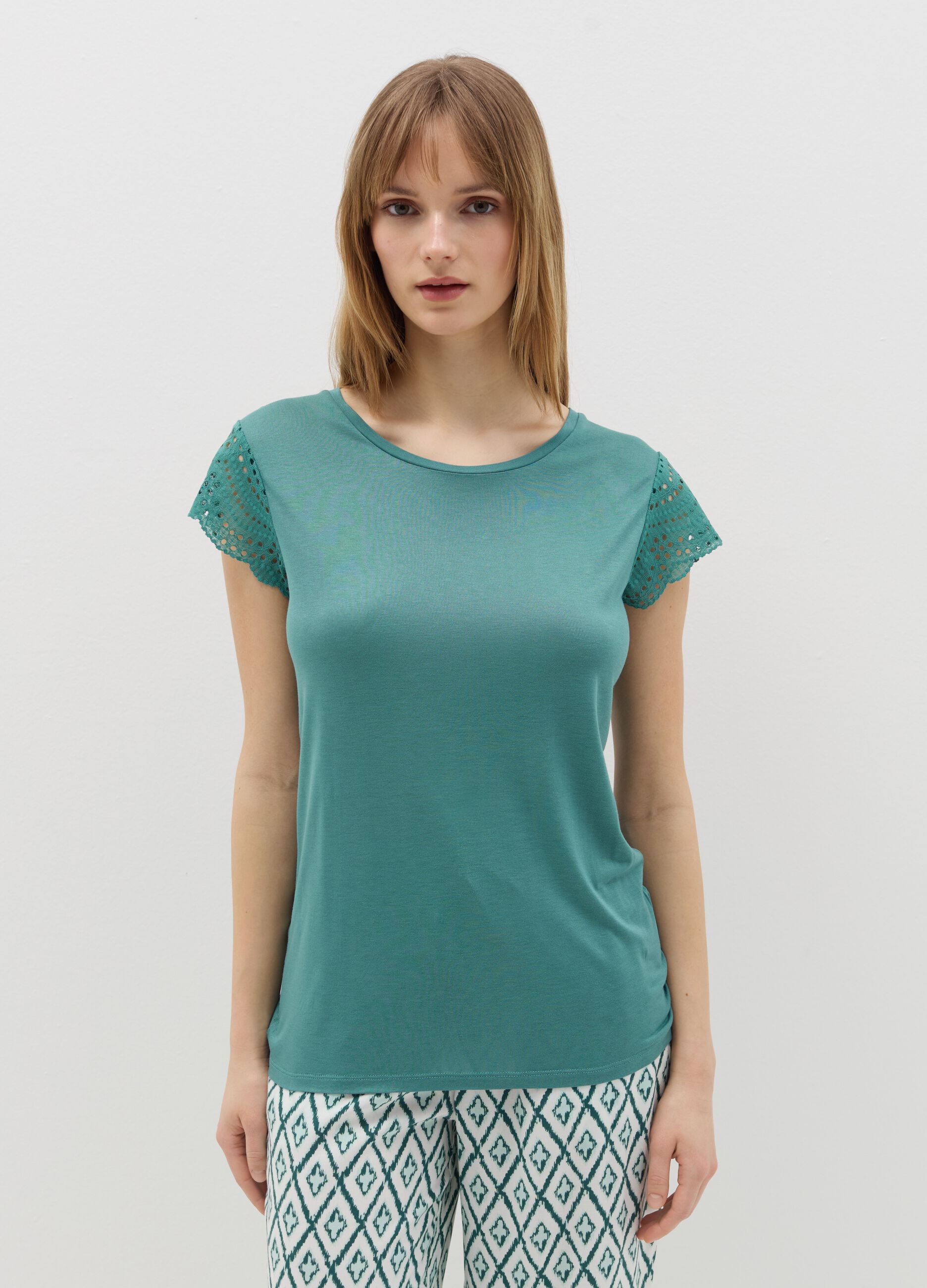 Pyjama top with broderie anglaise sleeves
