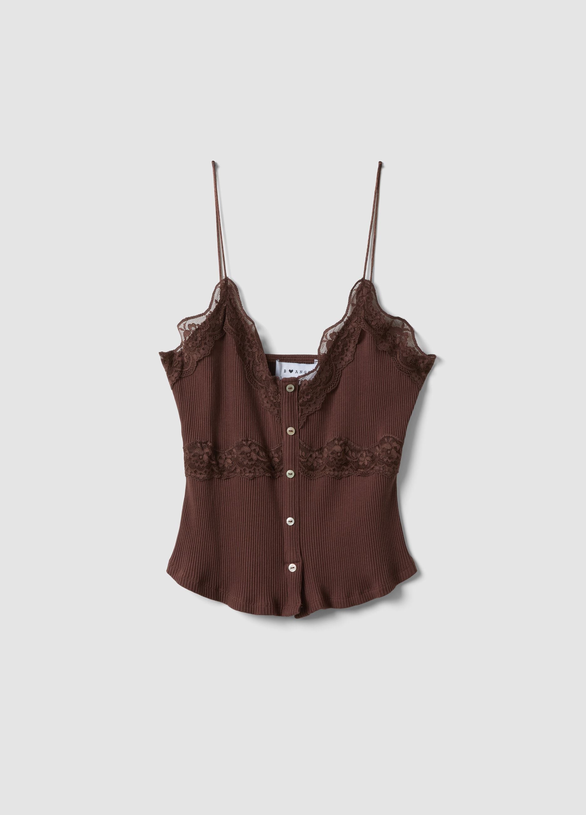 Brown stretch cotton fitted top with lace trim