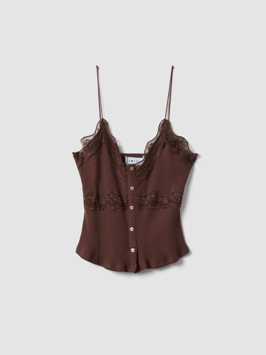 Brown stretch cotton fitted top with lace trim_0