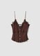 Brown stretch cotton fitted top with lace trim_0