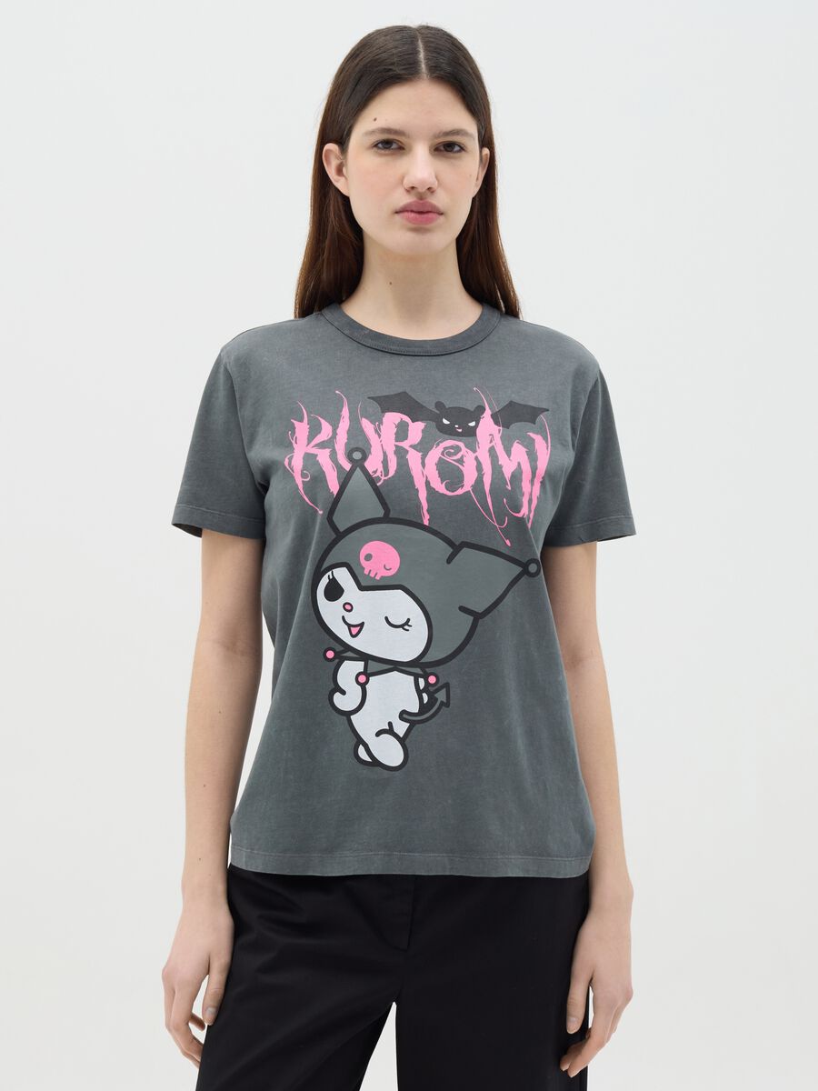 Black cotton T-shirt with Kuromi print_0