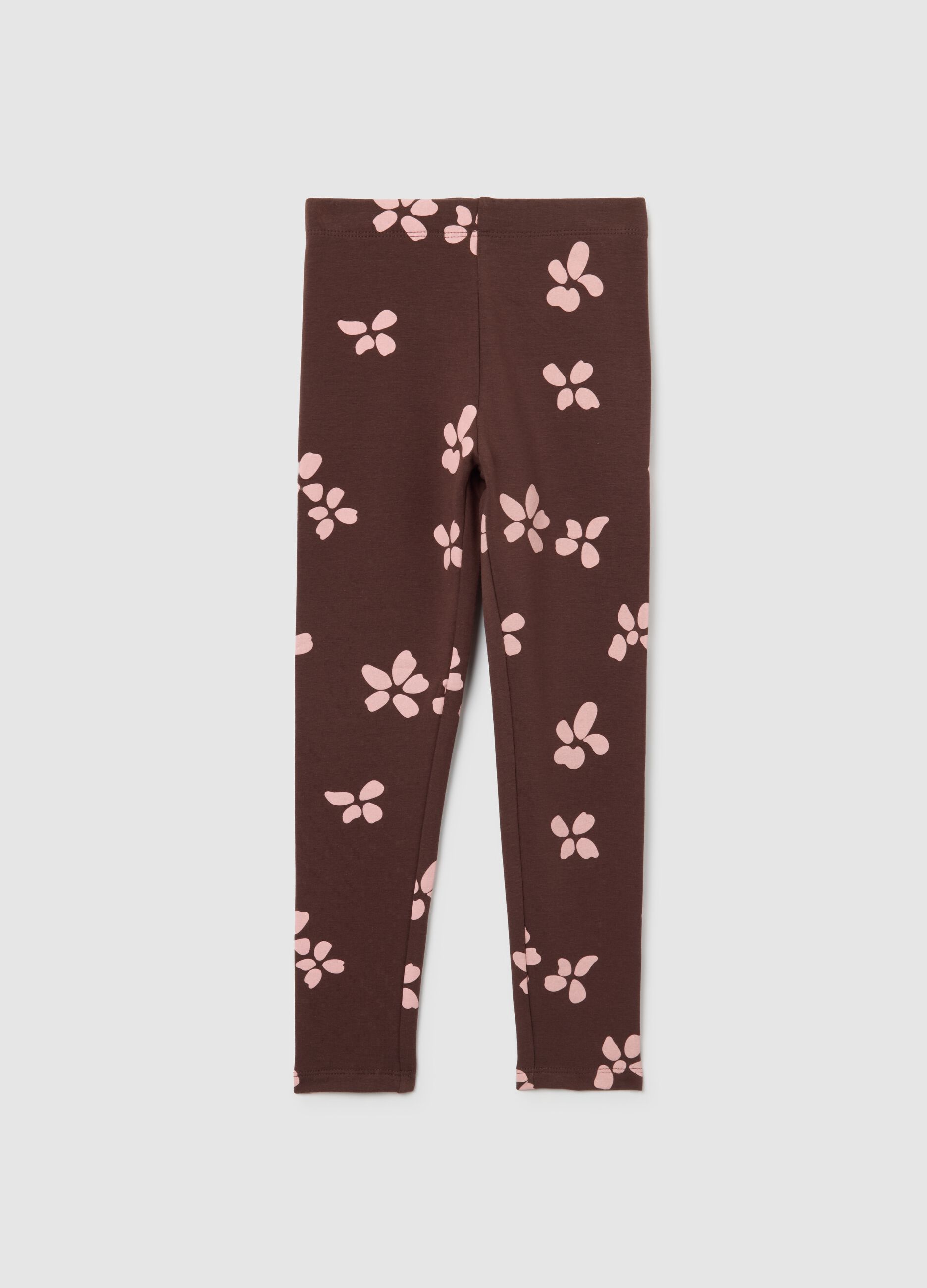 Girls' skinny cotton leggings in brown with floral prints