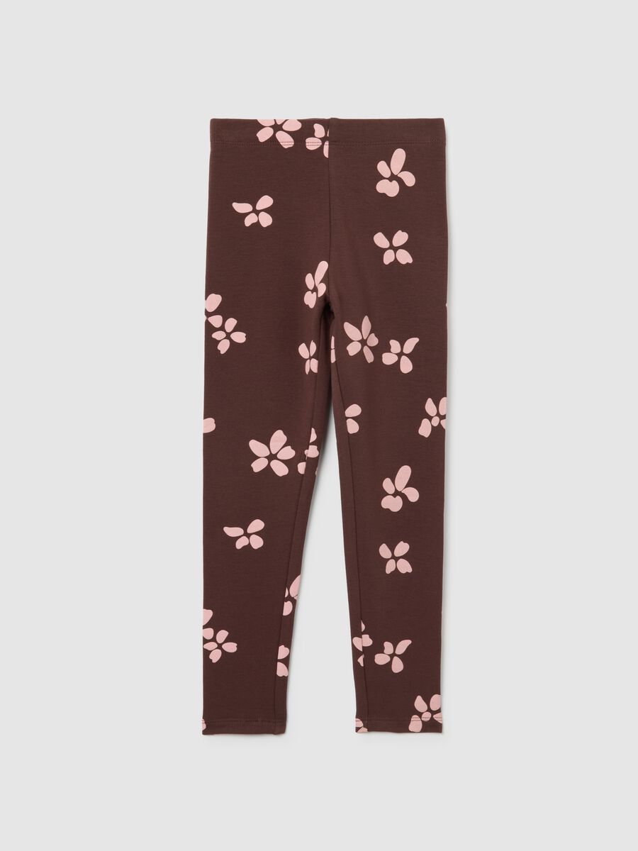 Girls' skinny cotton leggings in brown with floral prints_0