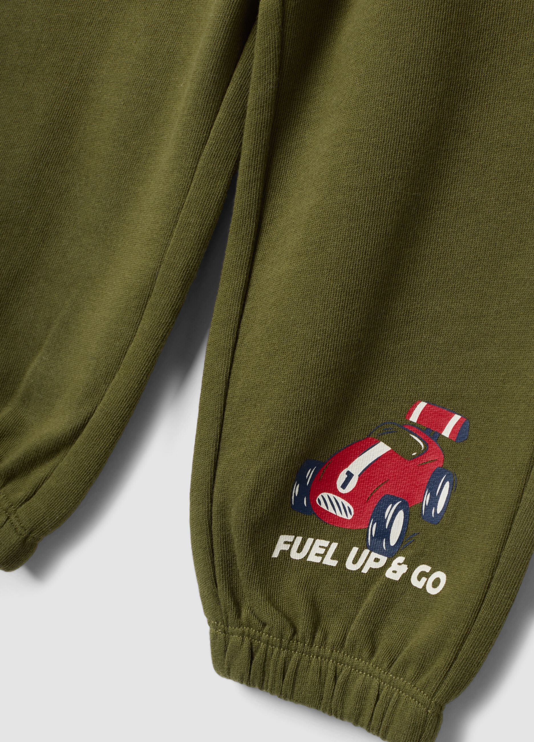 Green pure cotton jogger trousers with car print for boys