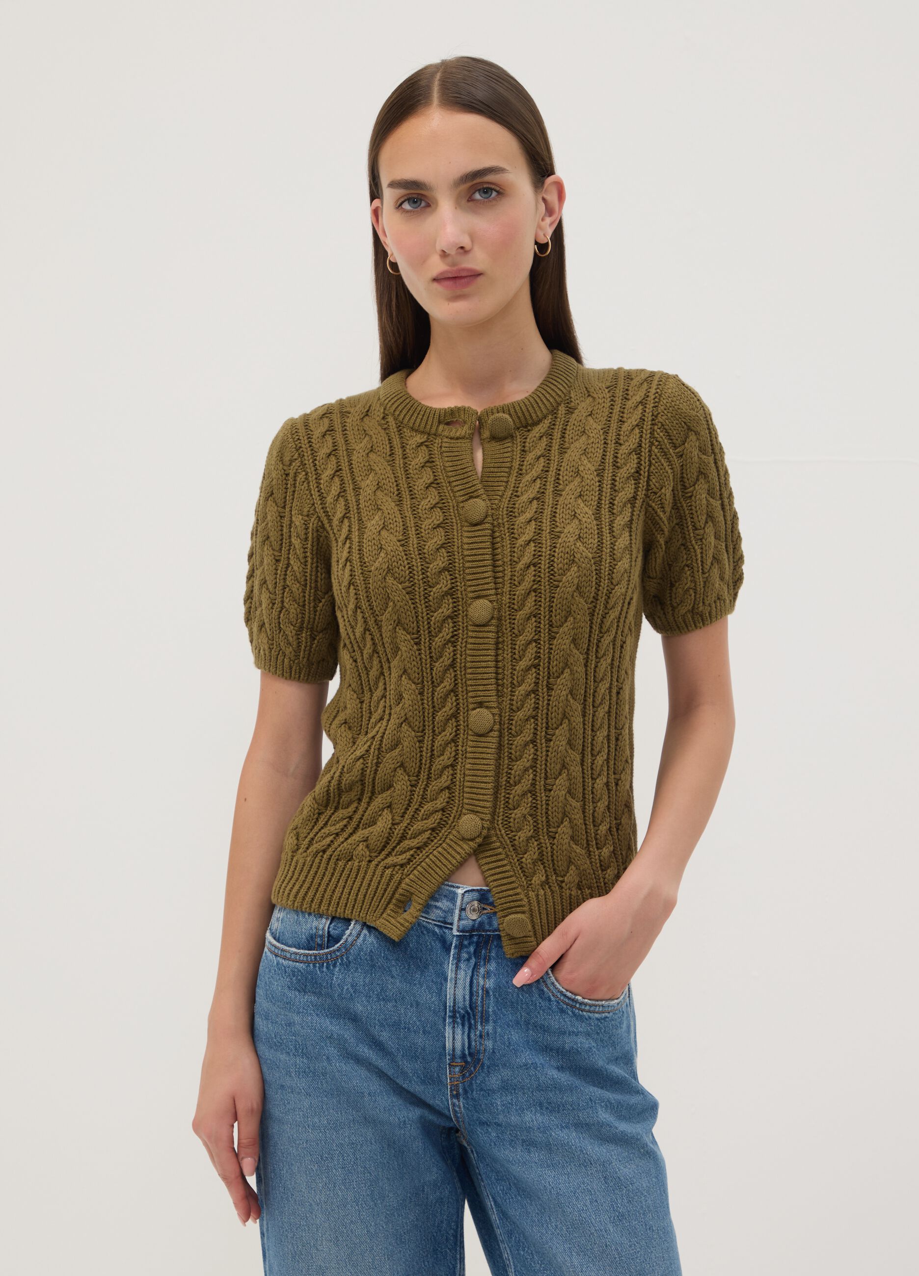 Cardigan verde in puro cotone a trecce regular fit