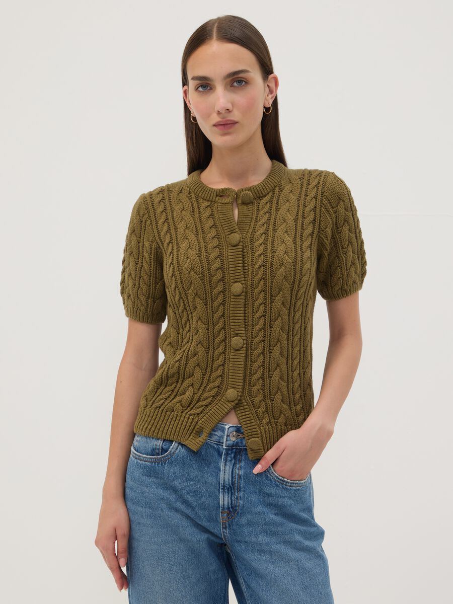 Cardigan verde in puro cotone a trecce regular fit_1
