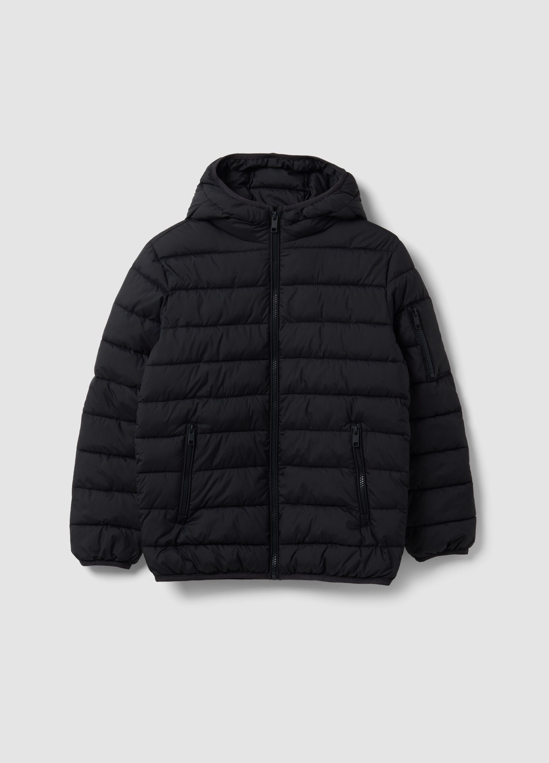 Black Ultralight padded hooded jacket with zip for boys