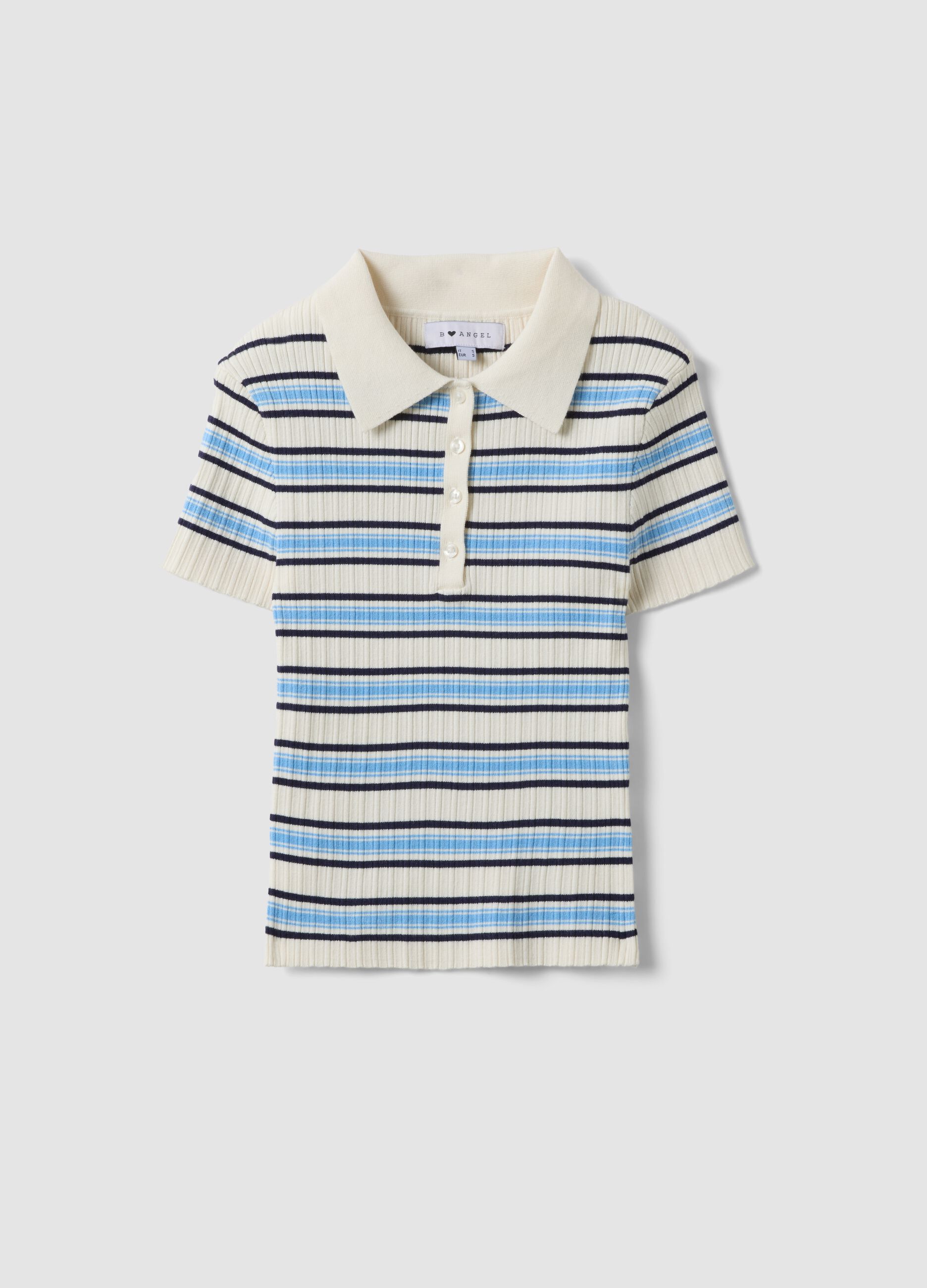 Fitted viscose-blend jumper with multicolour stripes and polo collar