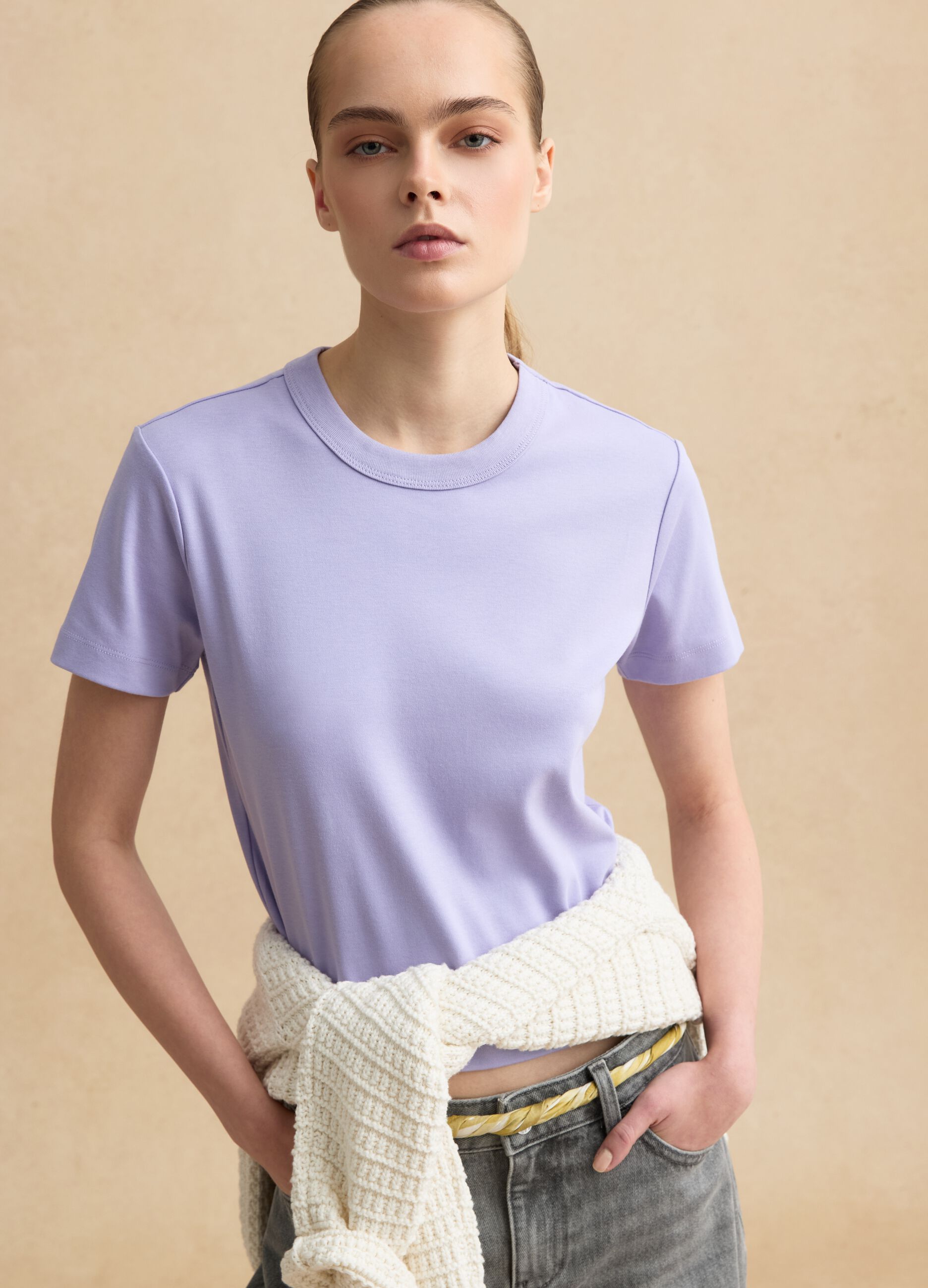 Purple short-sleeved cotton blend T-shirt regular fit