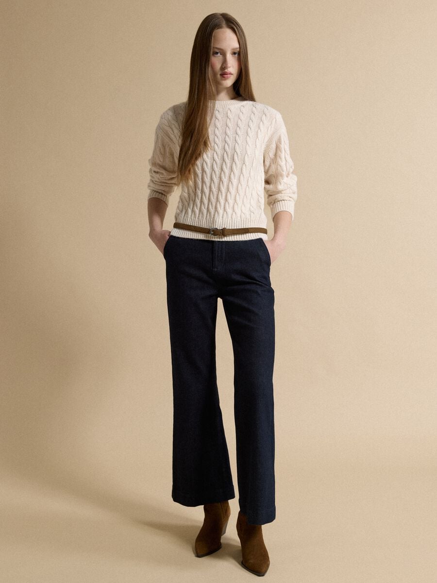 Maglia beige in misto lana a trecce con girocollo over fit_2