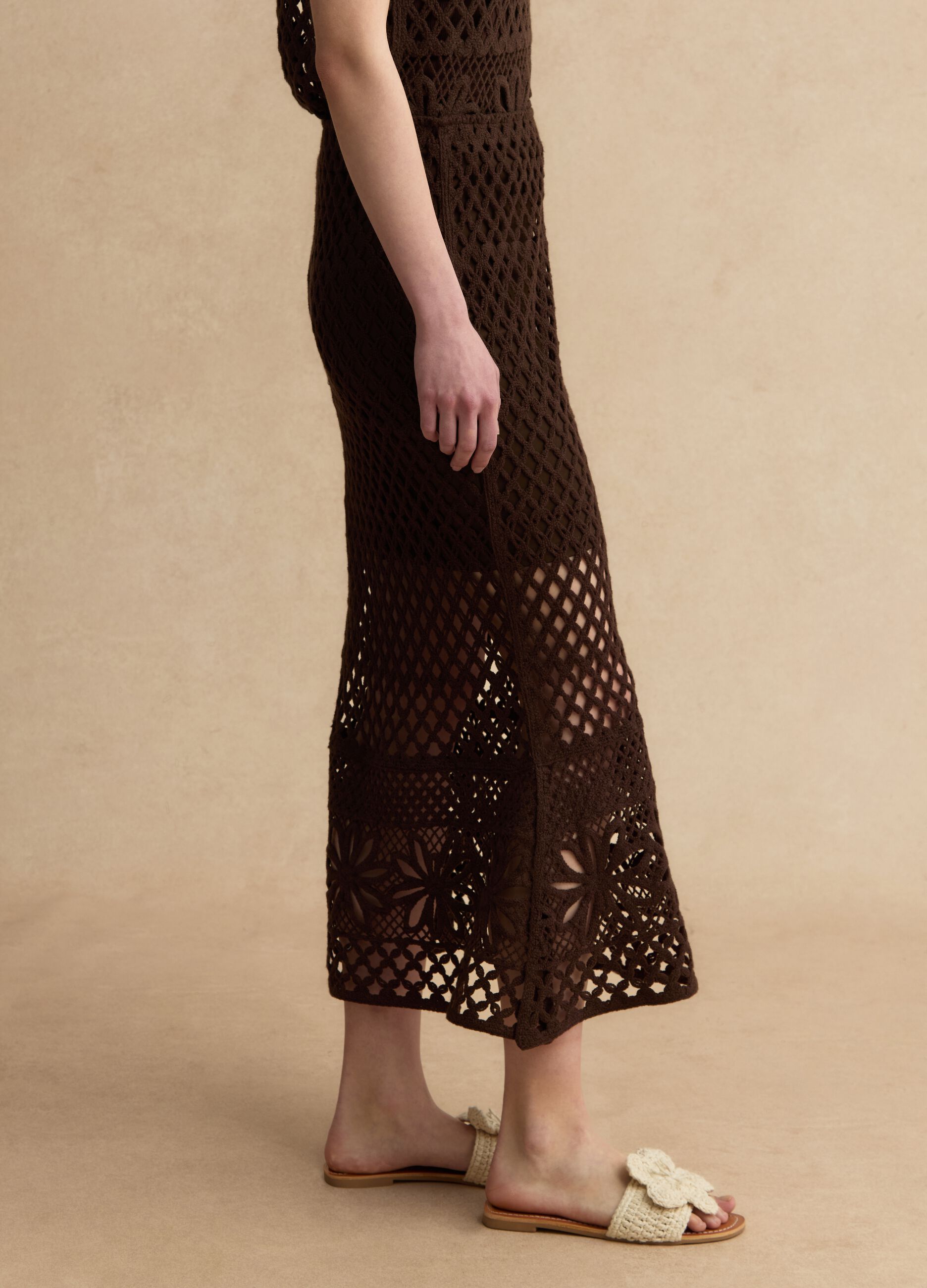 Brown cotton-blend maxi skirt, regular fit with knitted design