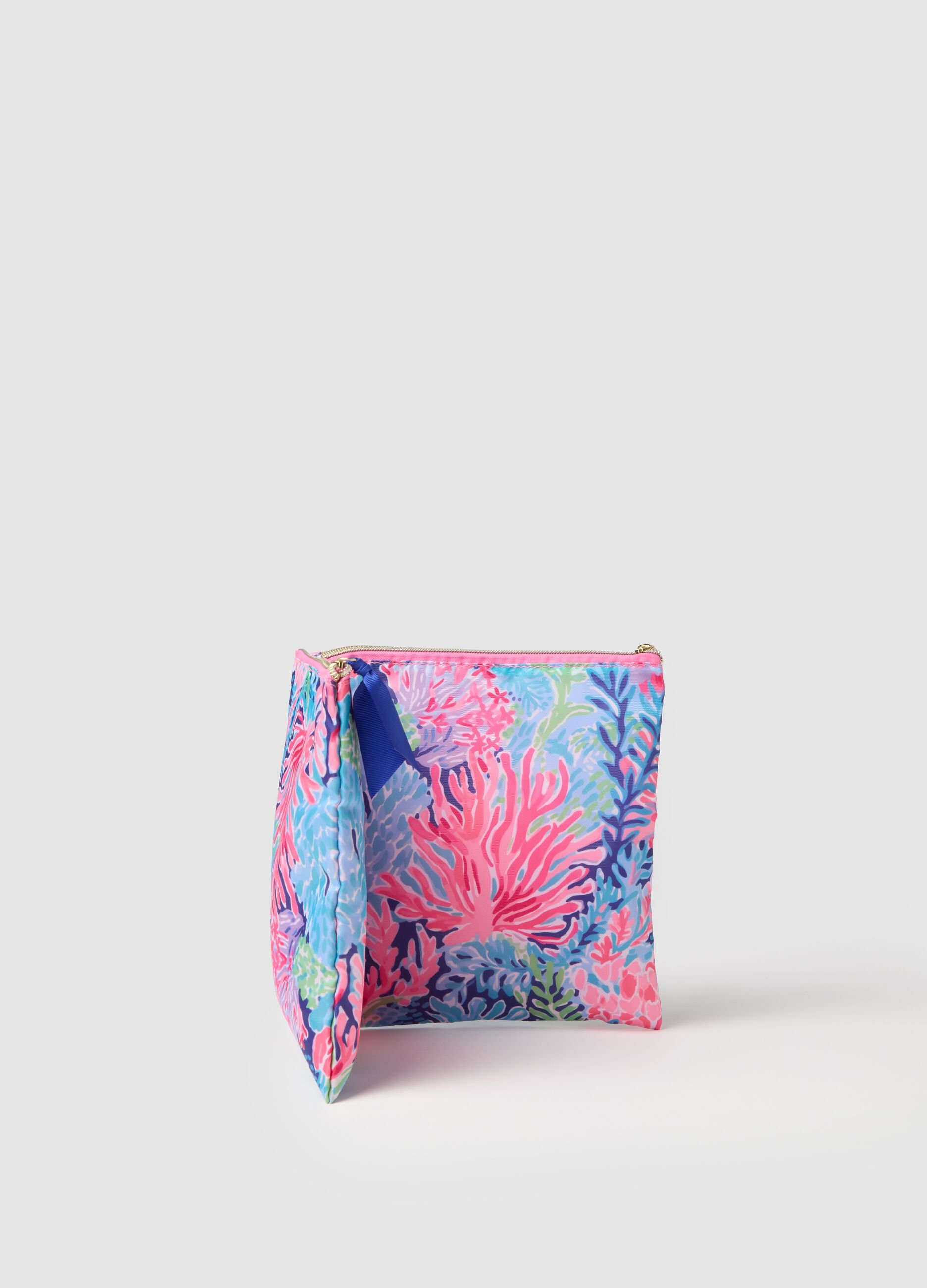 Women's clutch bag with print and blue bow
