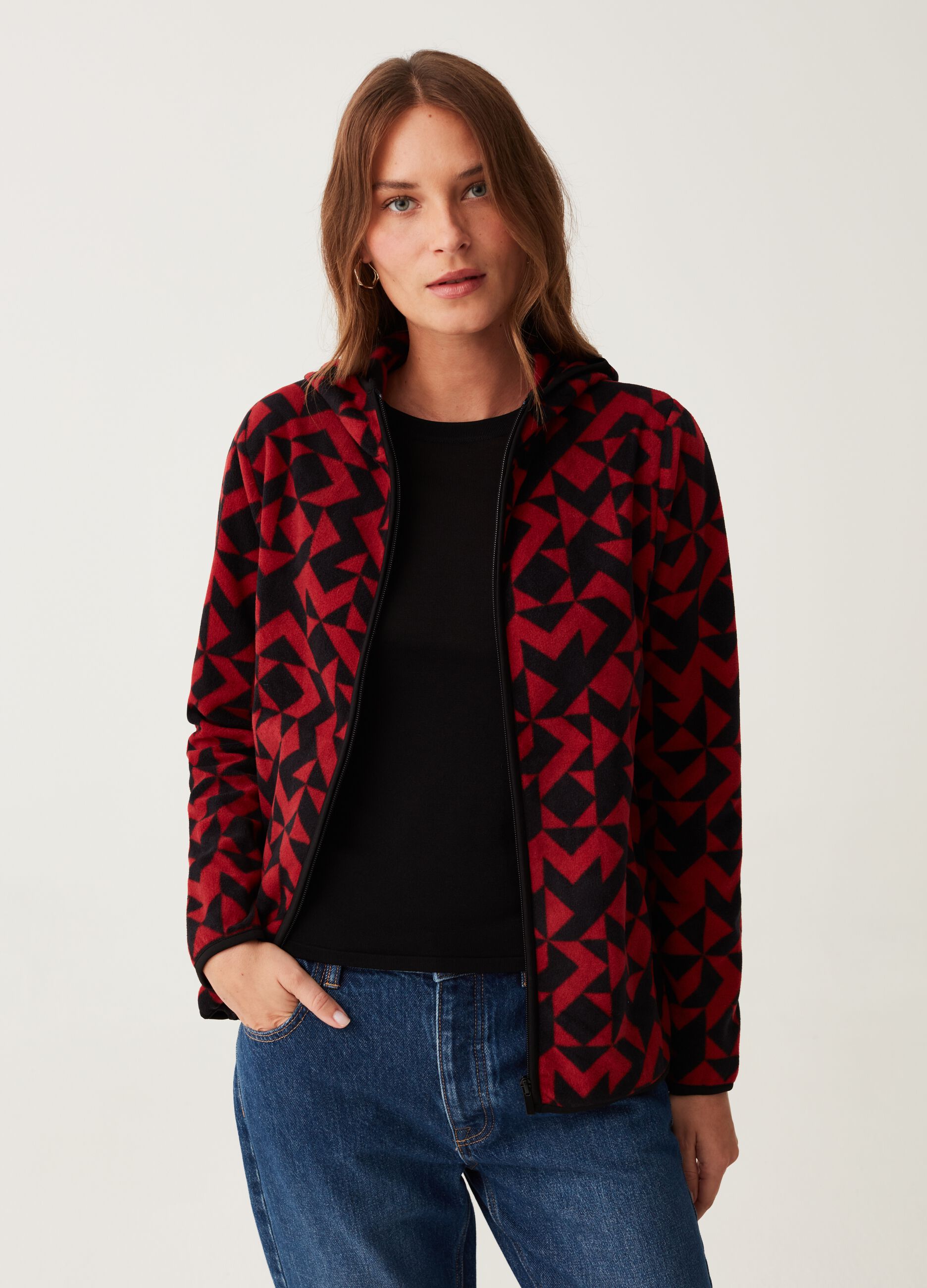 Full-zip fleece sweatshirt with hood and print