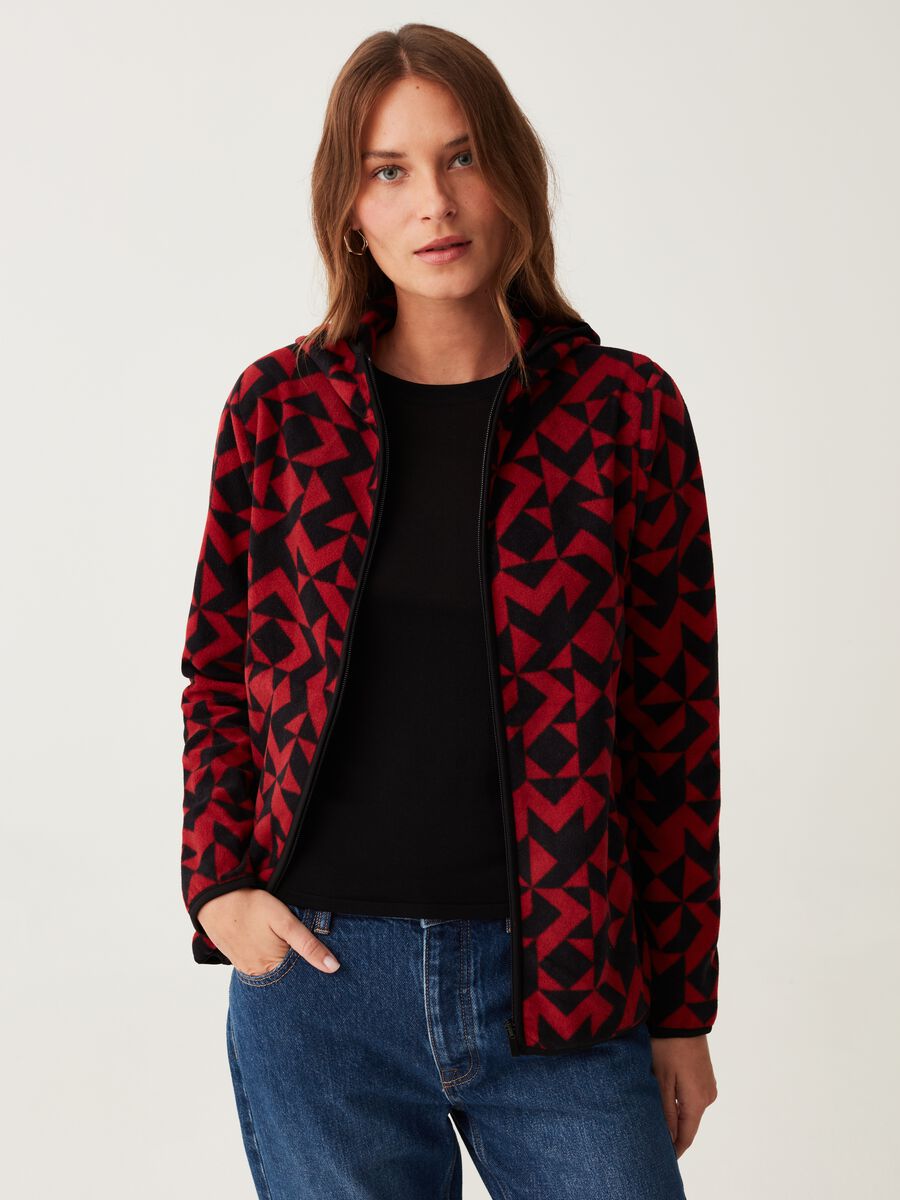 Full-zip in pile con cappuccio e stampa_1