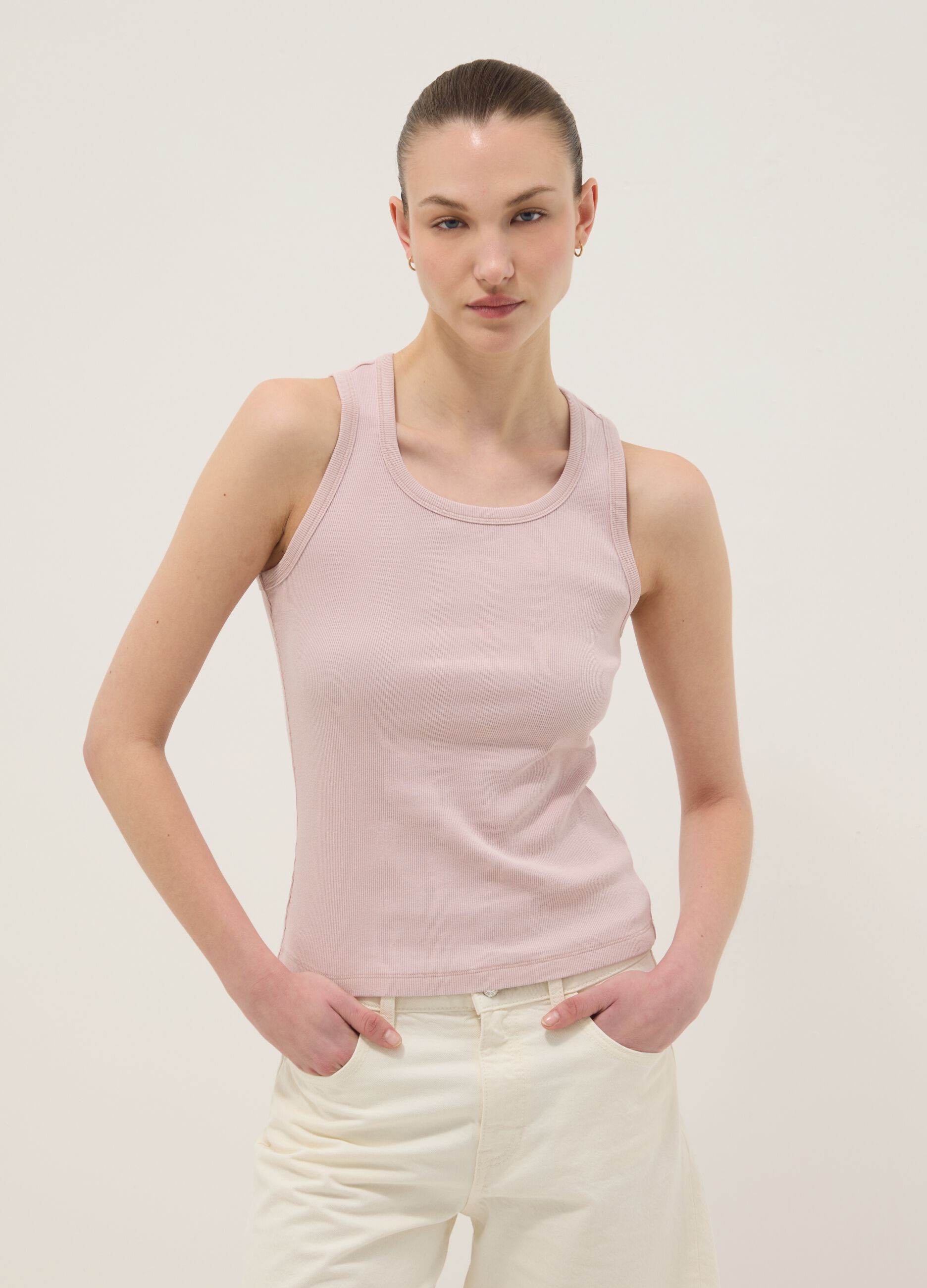 Pink stretch cotton vest top, regular fit