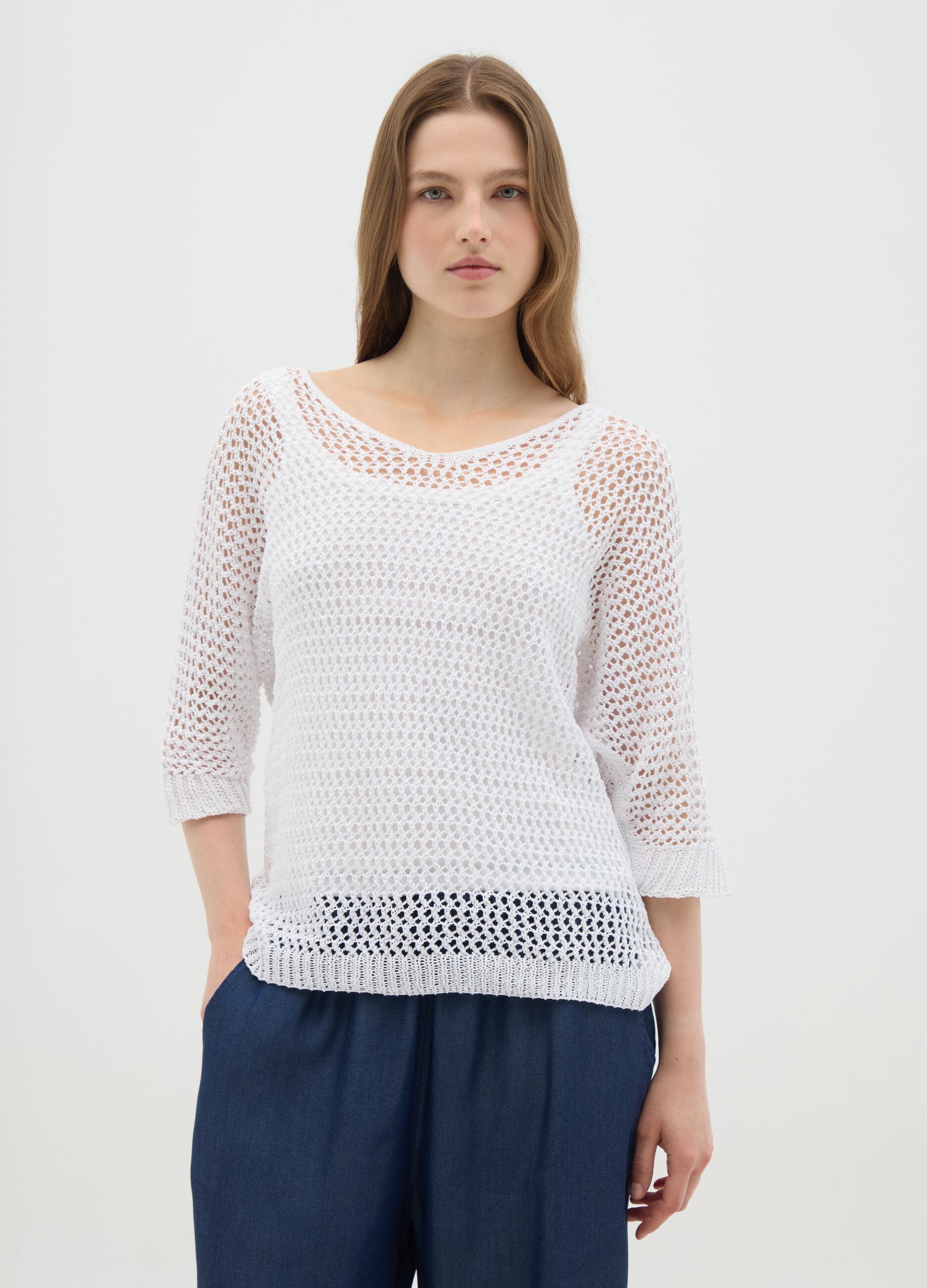 Women's white cotton regular fit jumper
