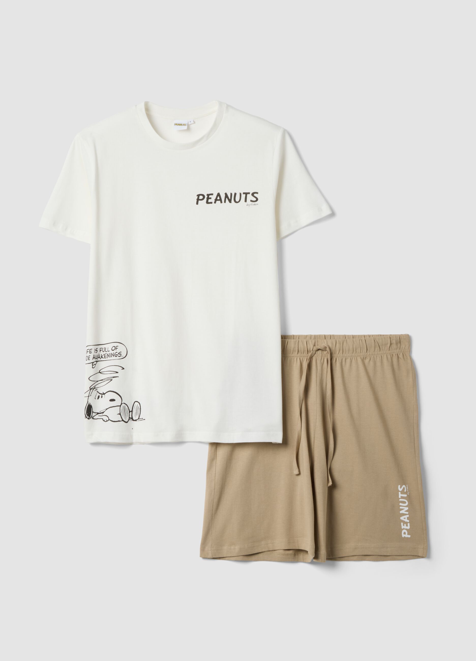 White short pure cotton Peanuts print pyjama set, regular fit