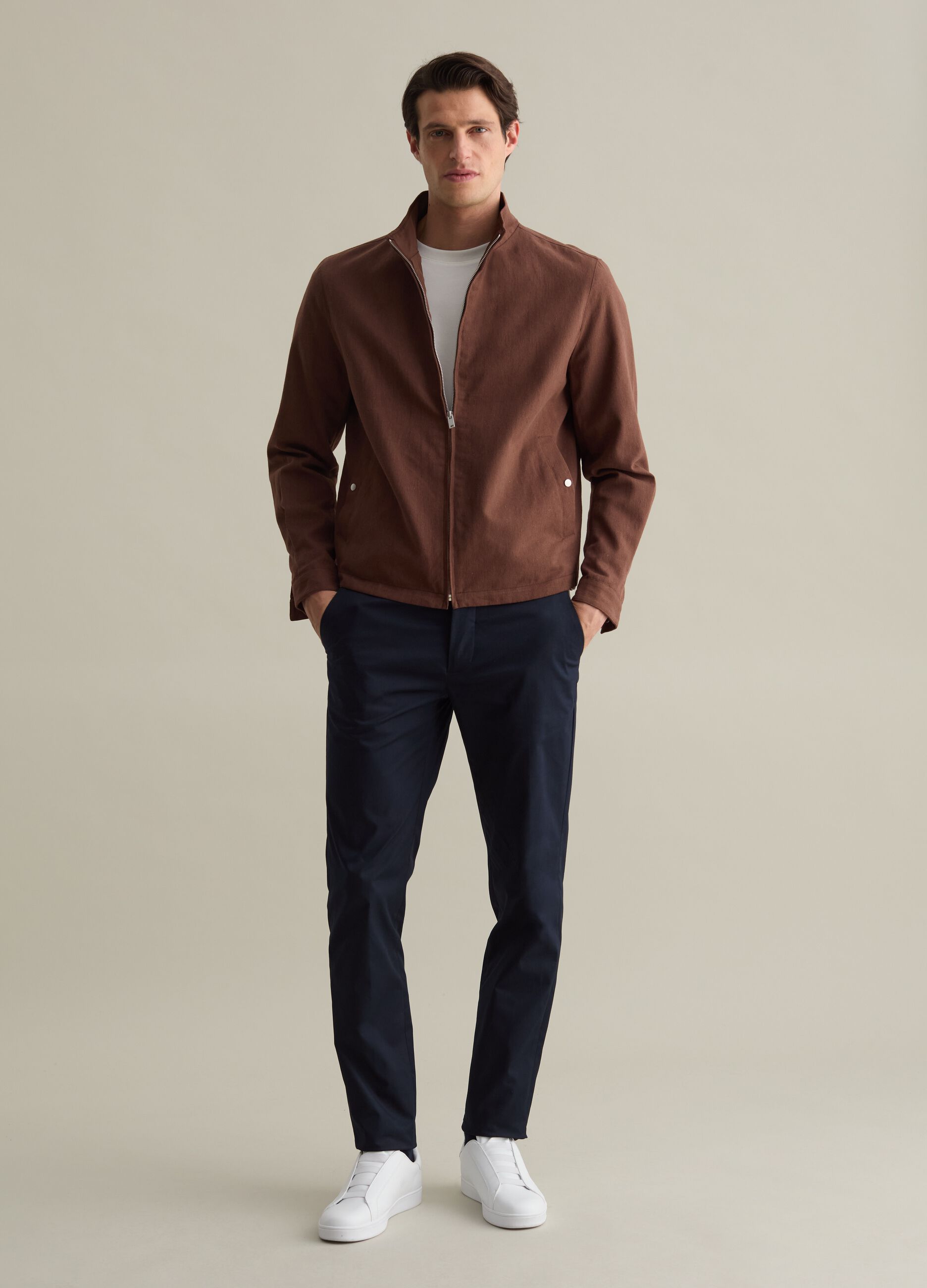 Full-zip bomber jacket in cotton and linen