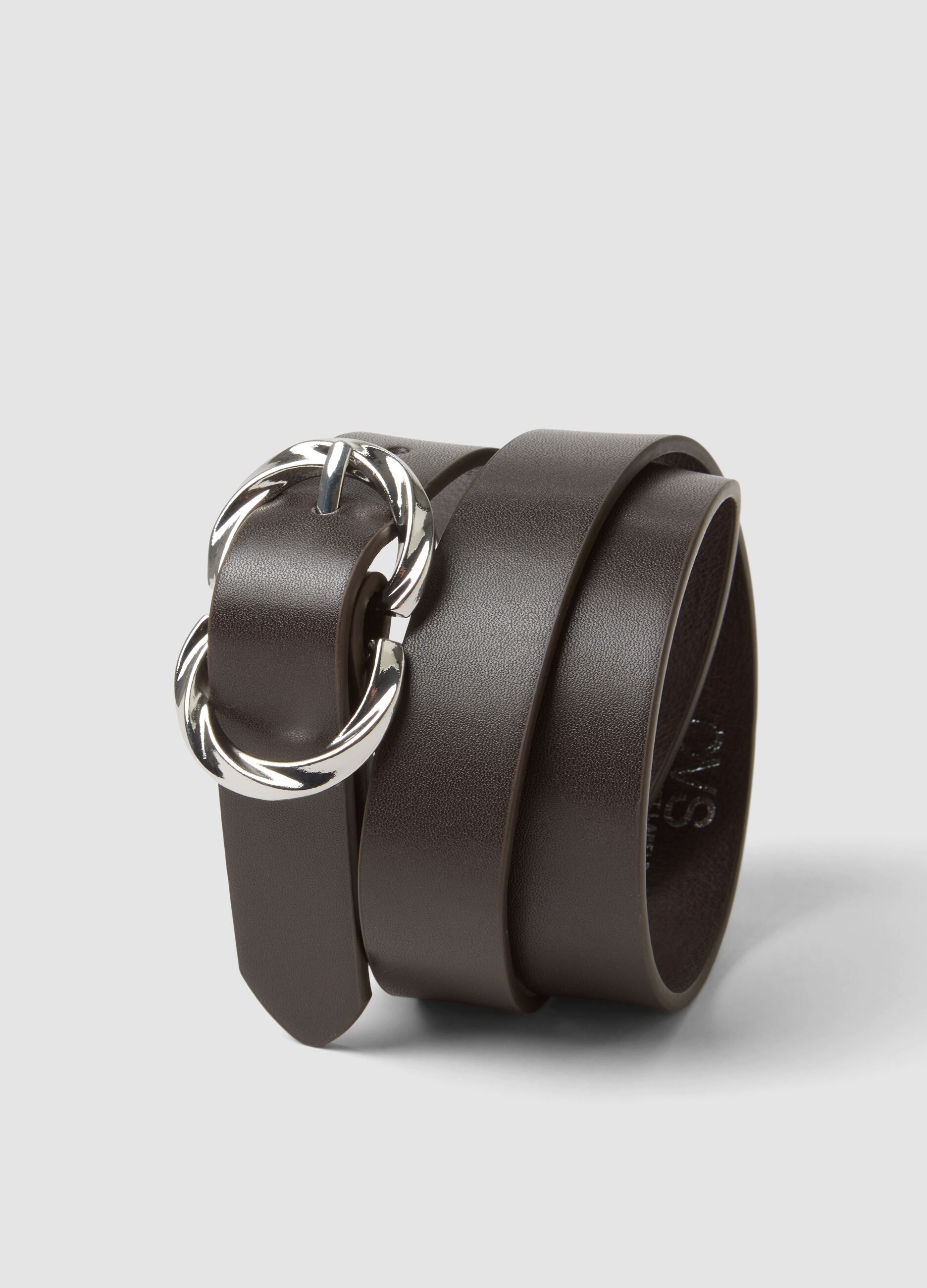 Slim brown belt with braided metal buckle