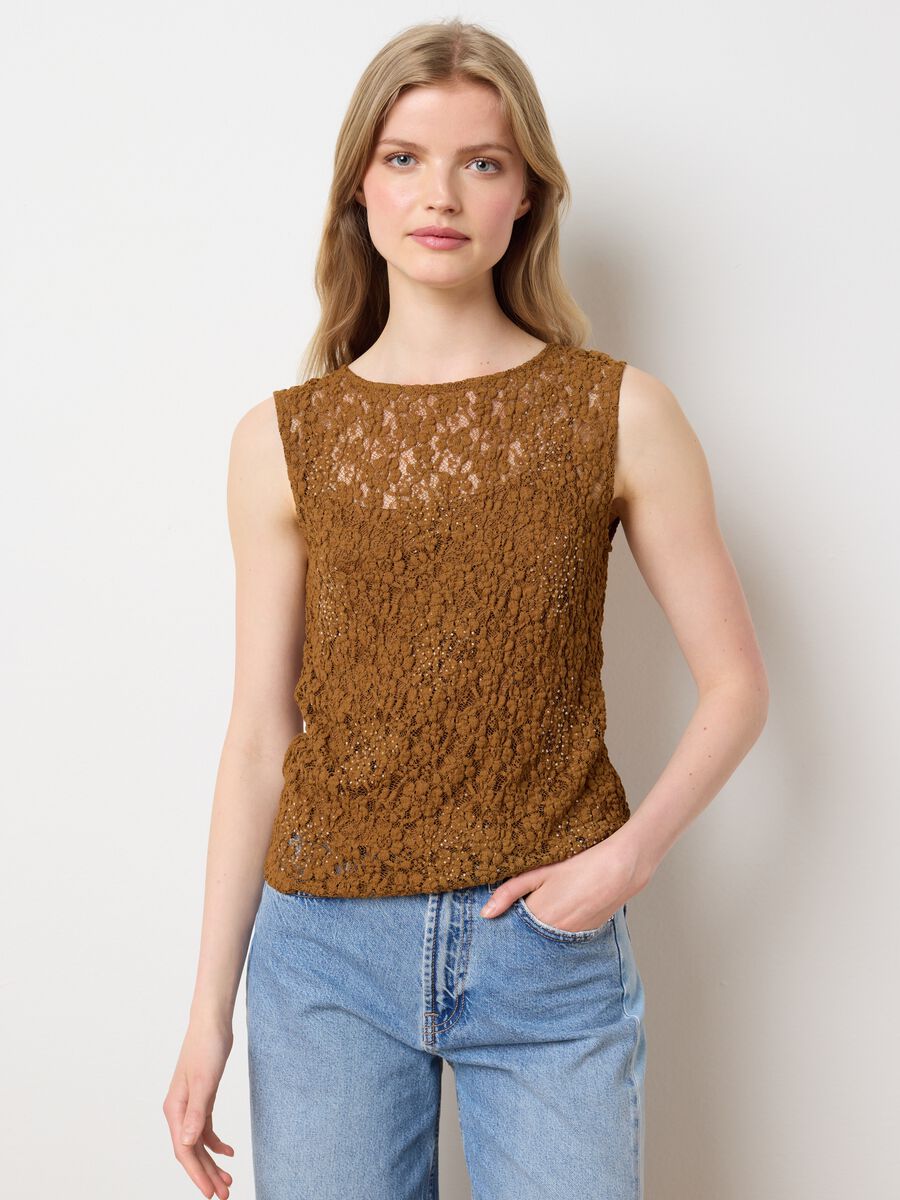 Women's brown lace fitted sleeveless top_1