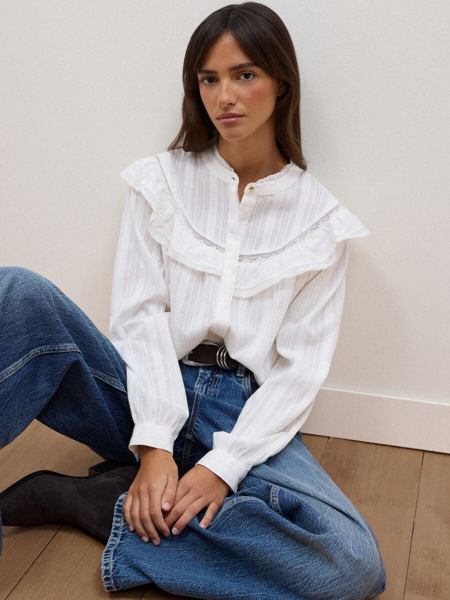 White pure cotton shirt with Mandarin collar and ruffles_1