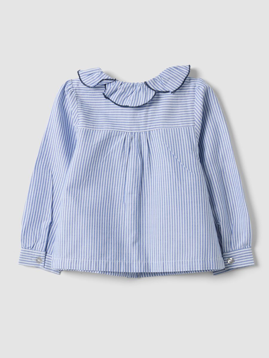 Blue striped pure cotton shirt with ruffle collar for baby girls_1