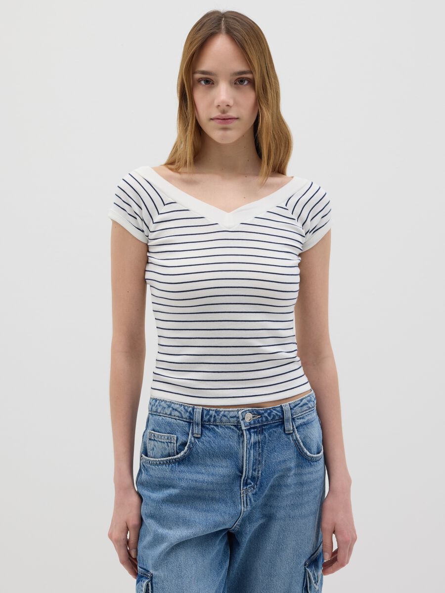 Women’s multicoloured fitted T-shirt in 100% cotton with V neck_0