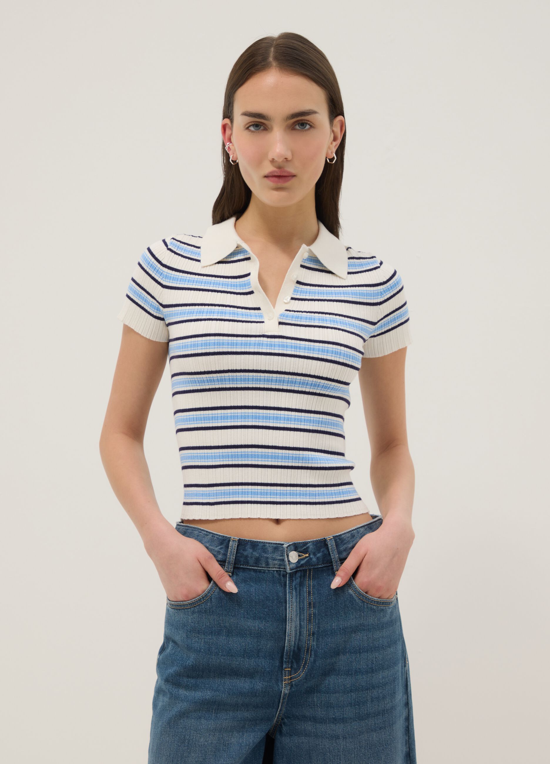 Fitted viscose-blend jumper with multicolour stripes and polo collar