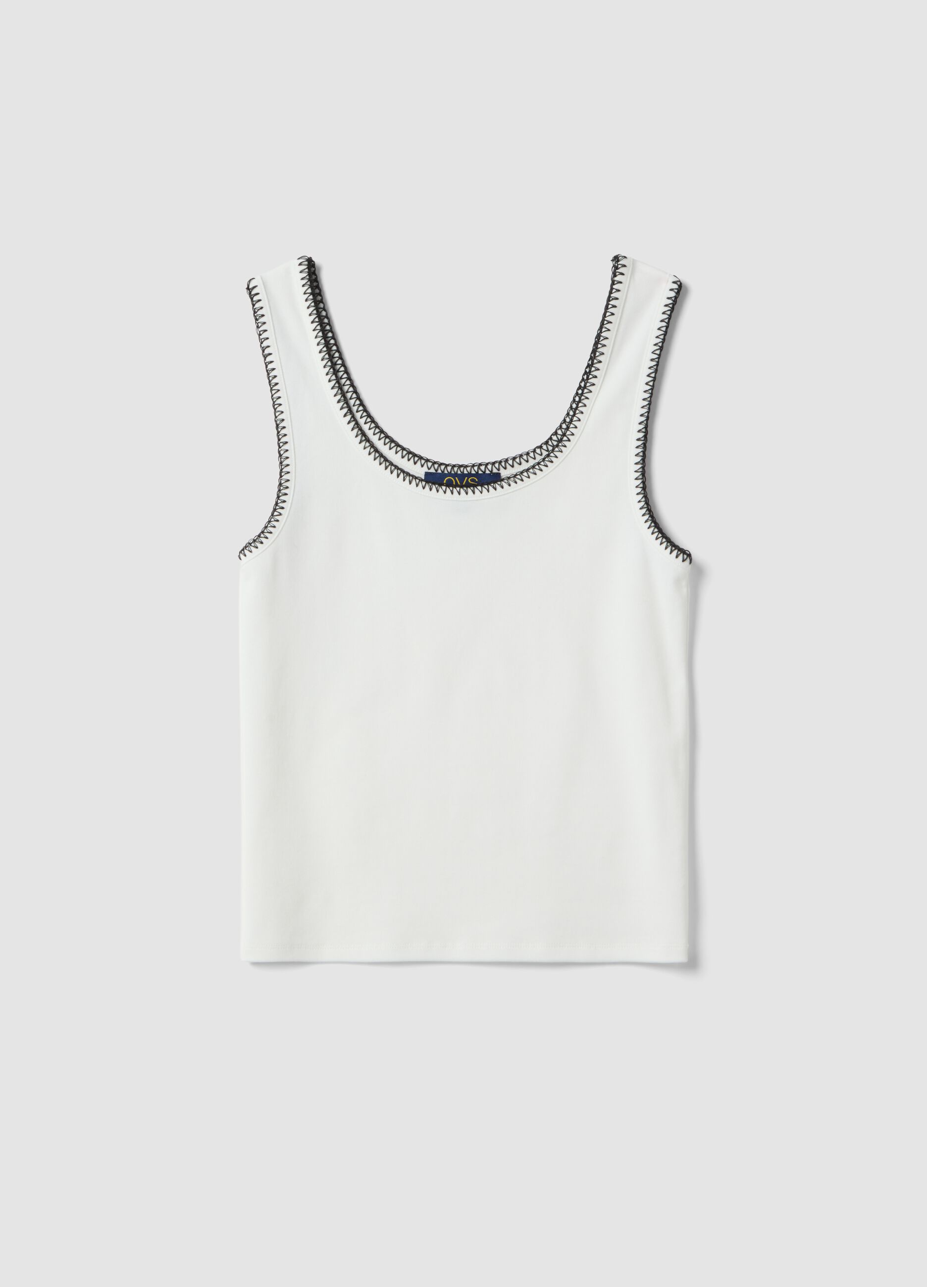 White stretch cotton tank top with contrast detailing, regular fit
