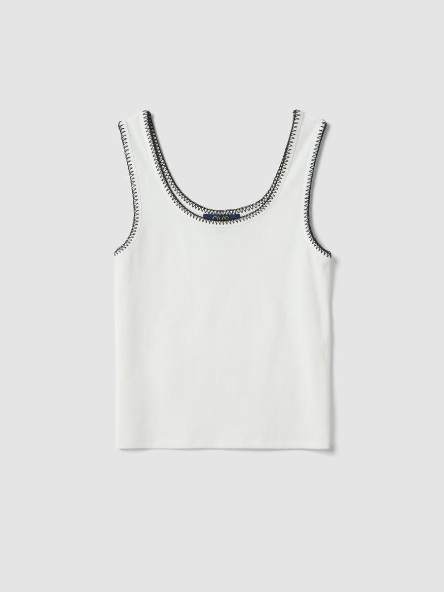 White stretch cotton tank top with contrast detailing, regular fit_4